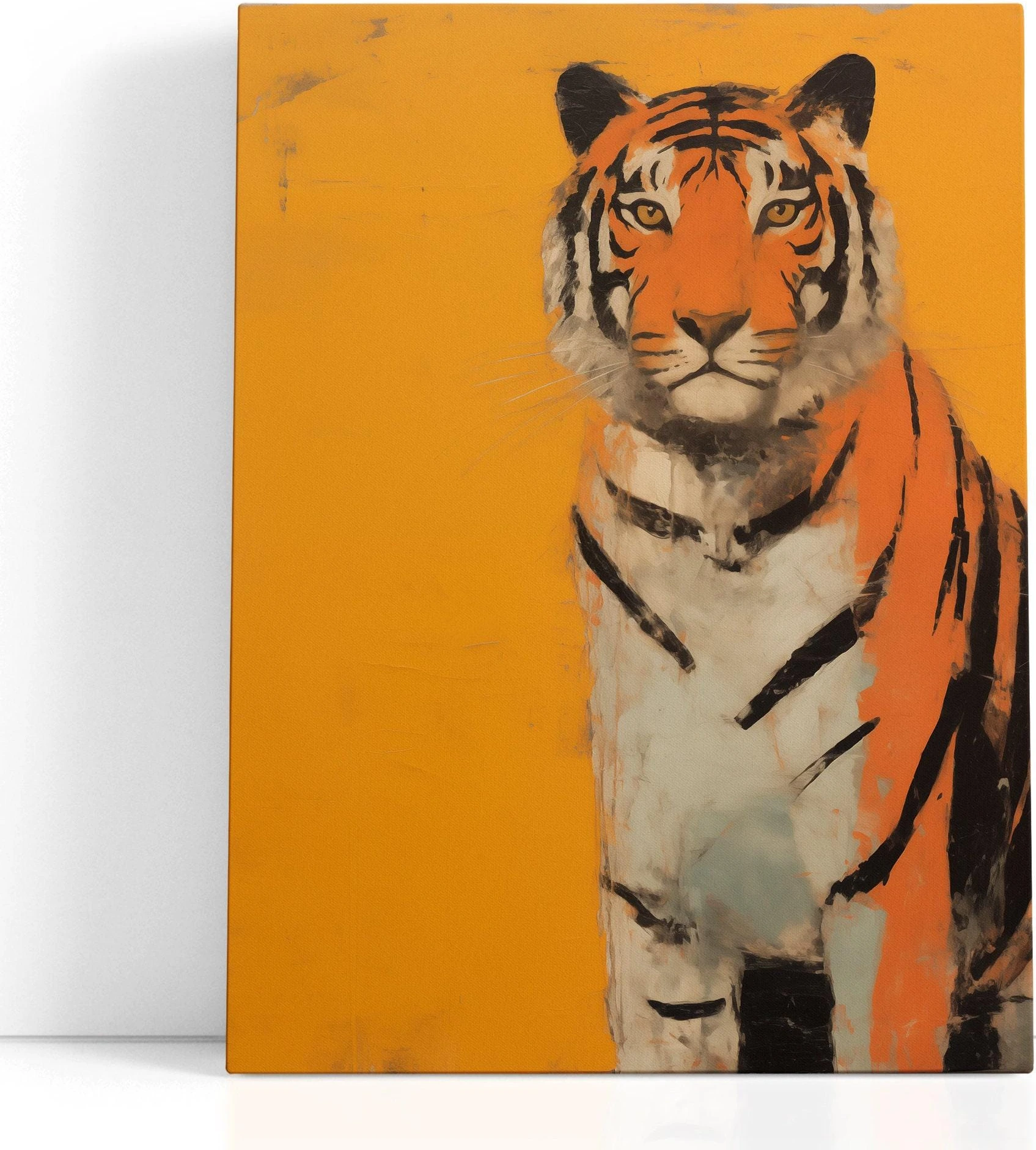 Tiger portrait in burnt orange with black stripes and cream facial highlights detail view