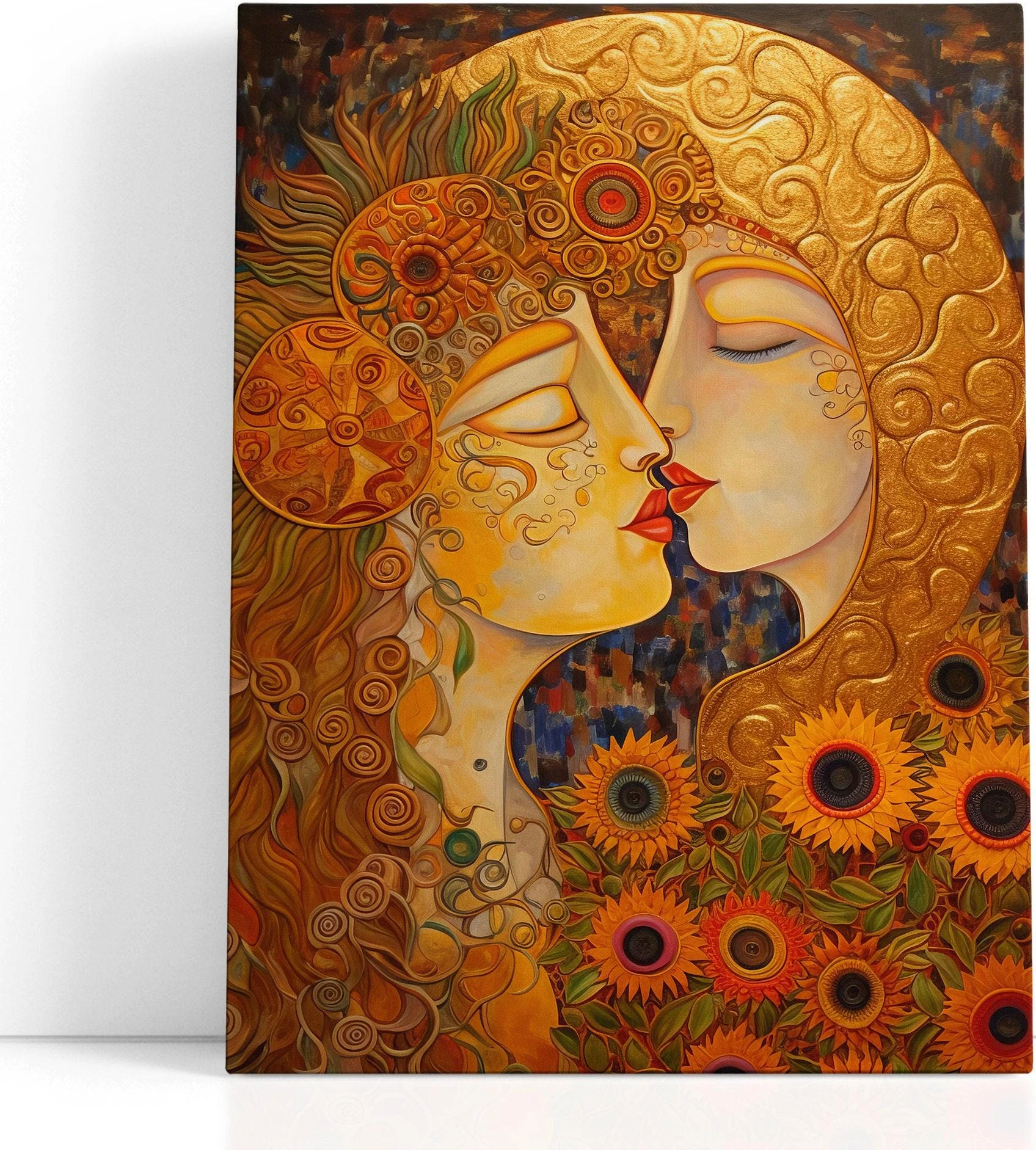 Warm gold amber illustration of two lovers in close-up with ornate swirls and sunflower-like flowers detail view