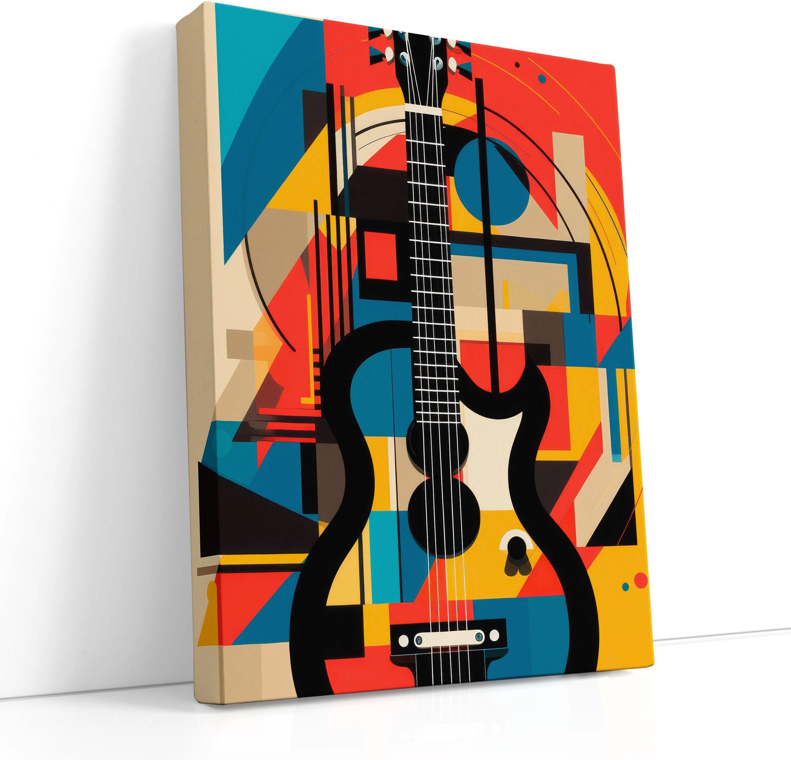Stylised black guitar with visible strings on a geometric red, teal and yellow pop-art background