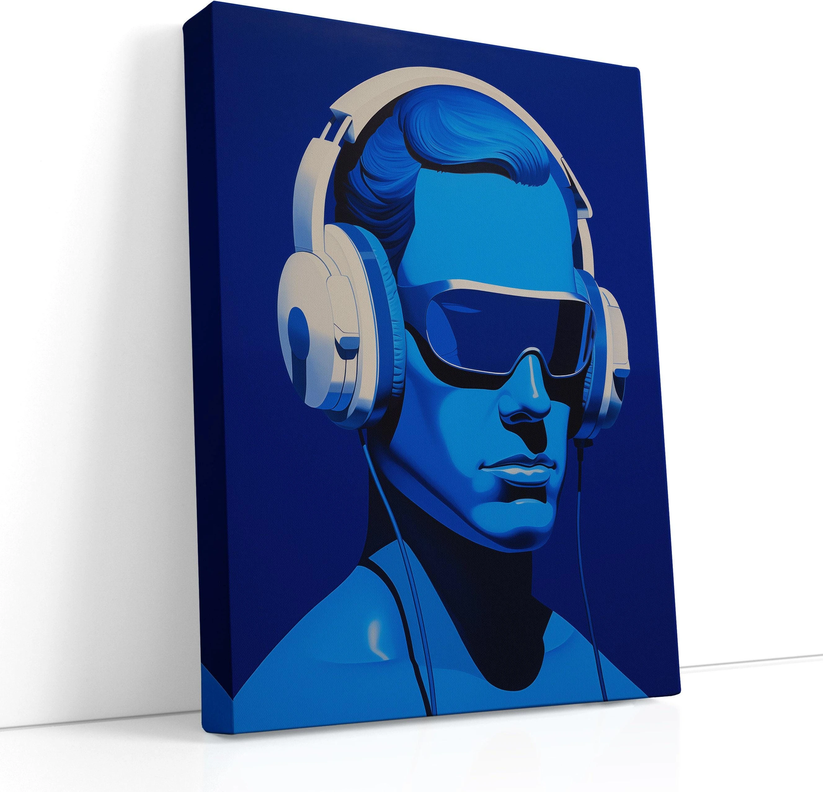 Electric blue portrait of a person wearing large headphones and dark visor sunglasses