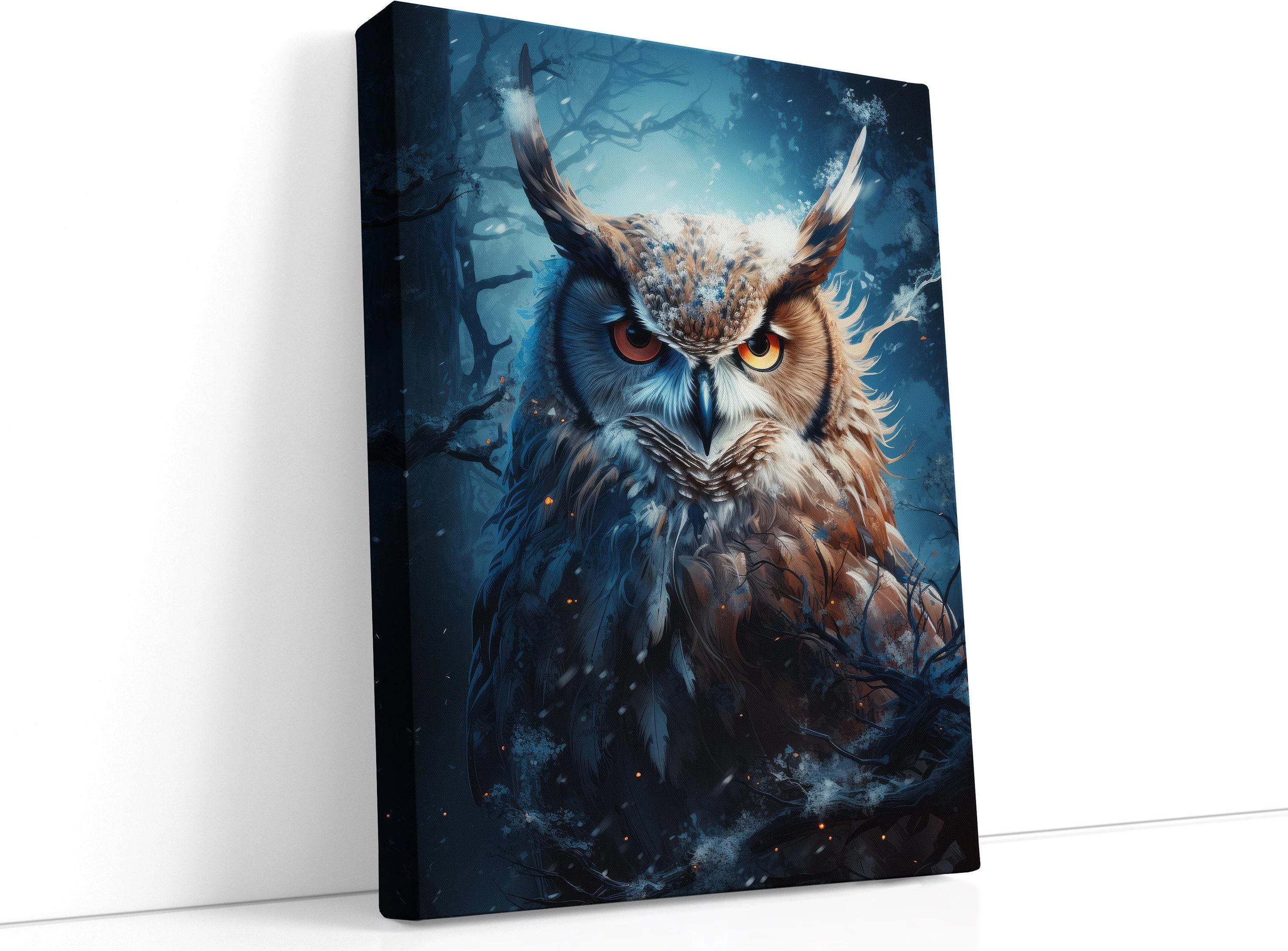 Midnight blue owl with amber eyes in a dark woodland night scene with glowing specks