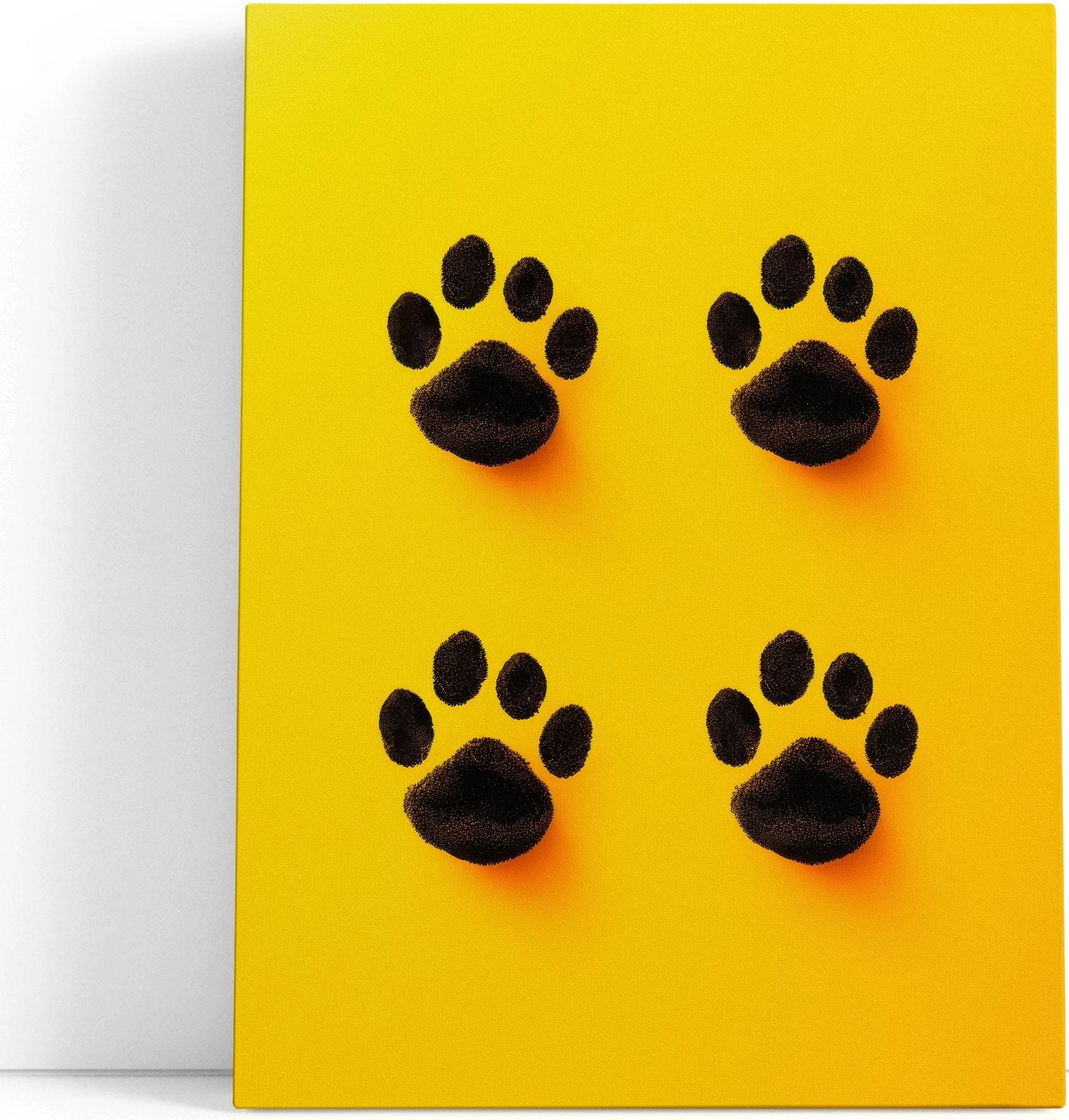 Mustard yellow artwork with four black paw prints arranged in a symmetrical pattern detail view