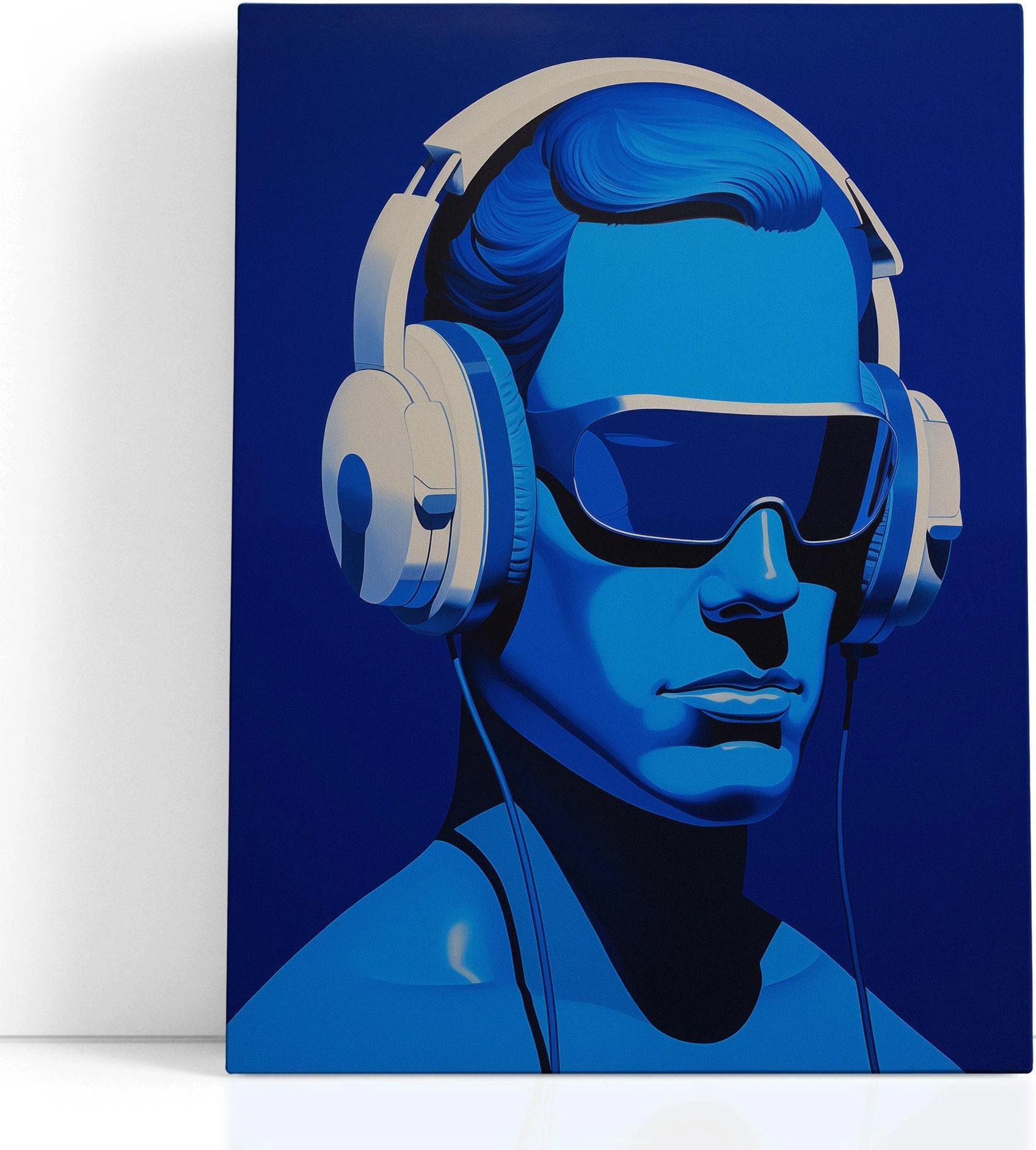 Electric blue portrait of a person wearing large headphones and dark visor sunglasses detail view