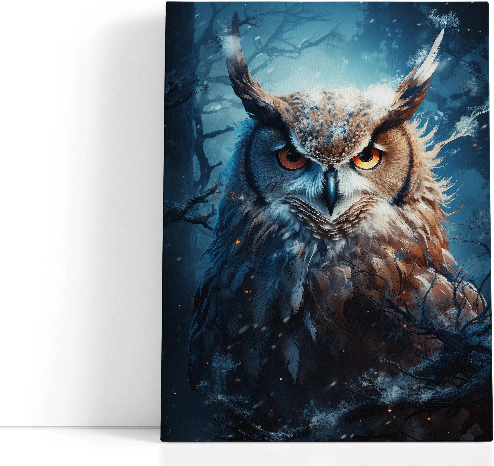 Midnight blue owl with amber eyes in a dark woodland night scene with glowing specks detail view