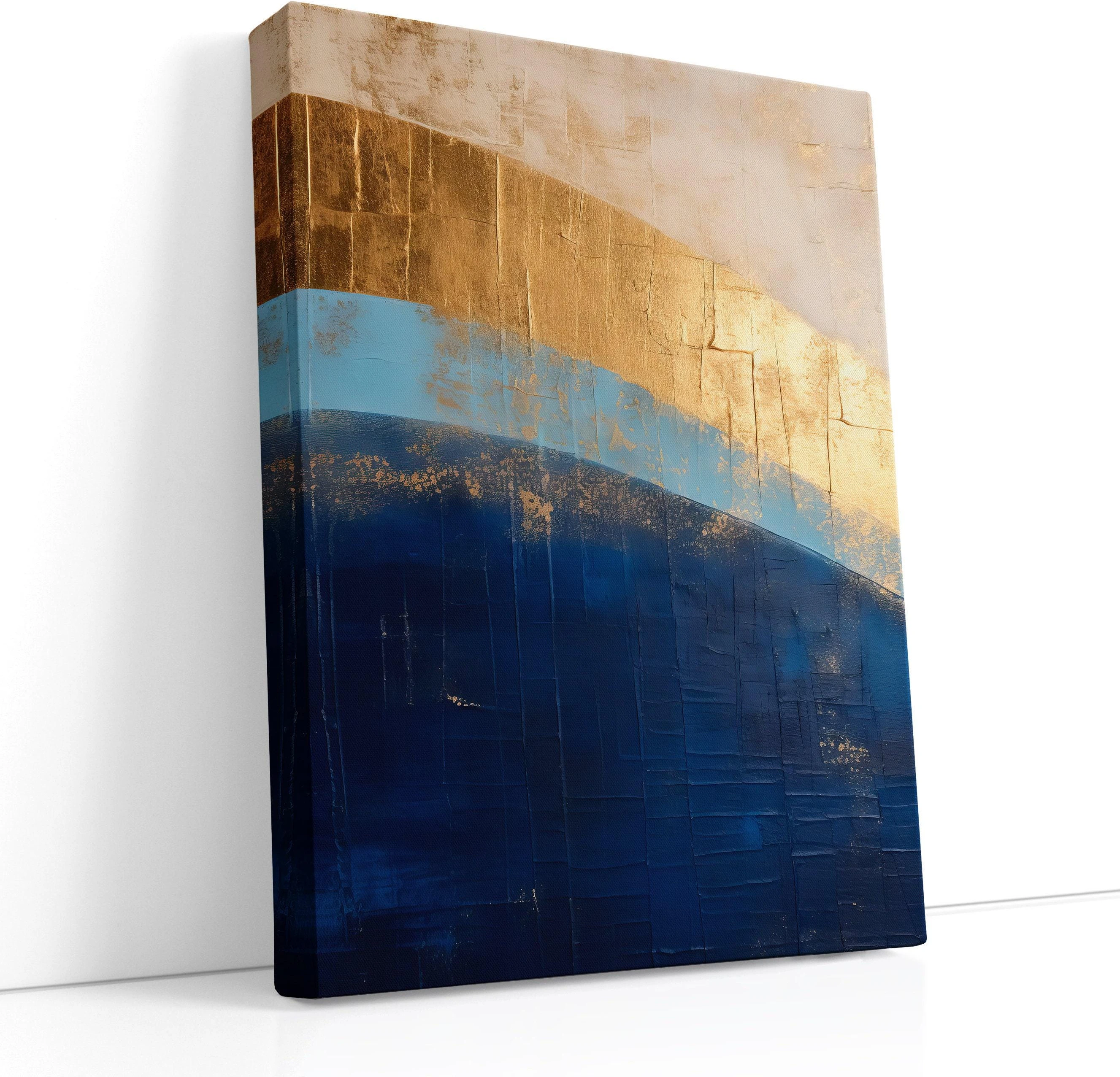 Abstract horizon artwork with navy and turquoise panels and warm gold highlights