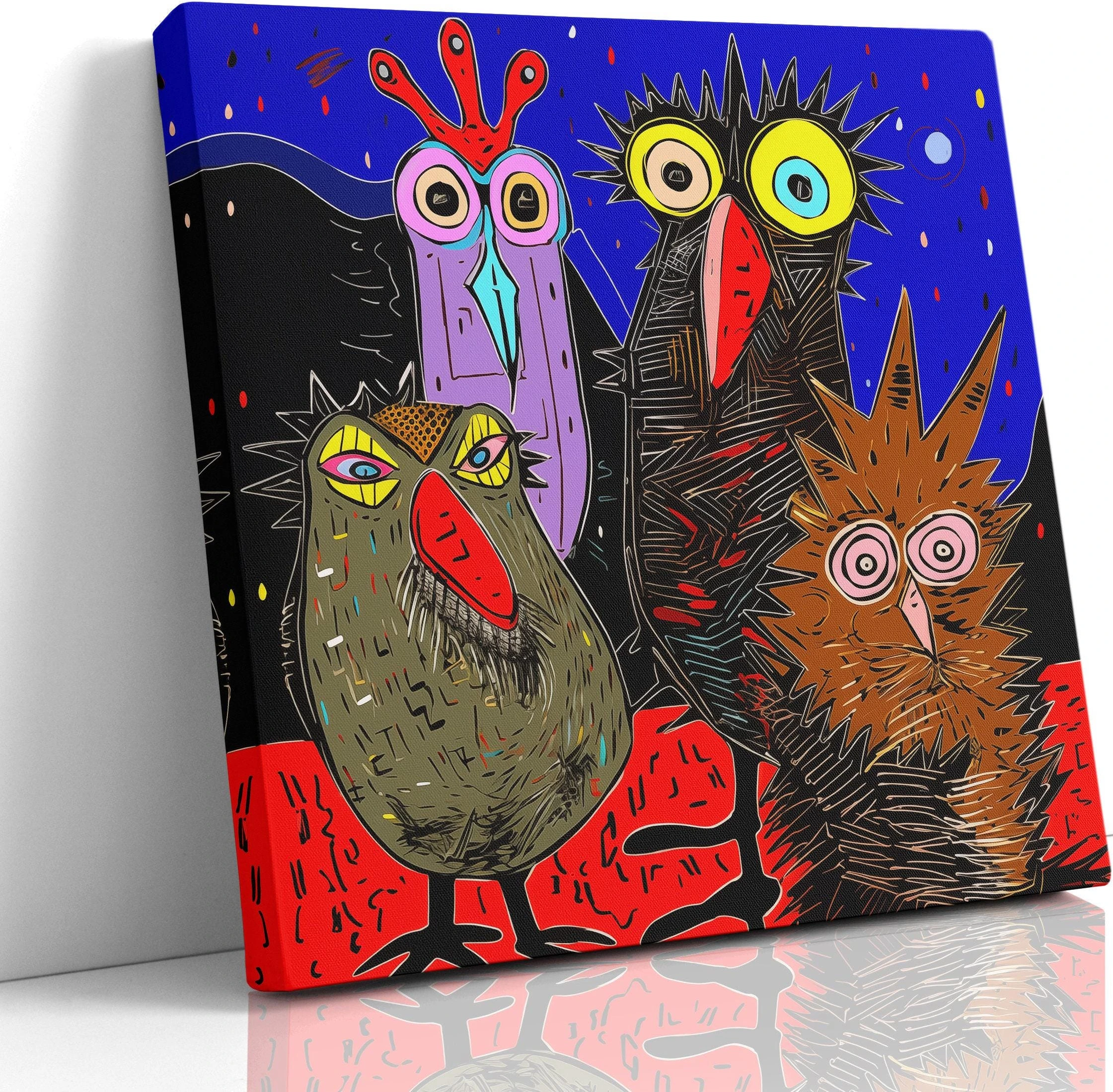 Colourful owl quartet illustration with oversized eyes on an electric blue rainy sky