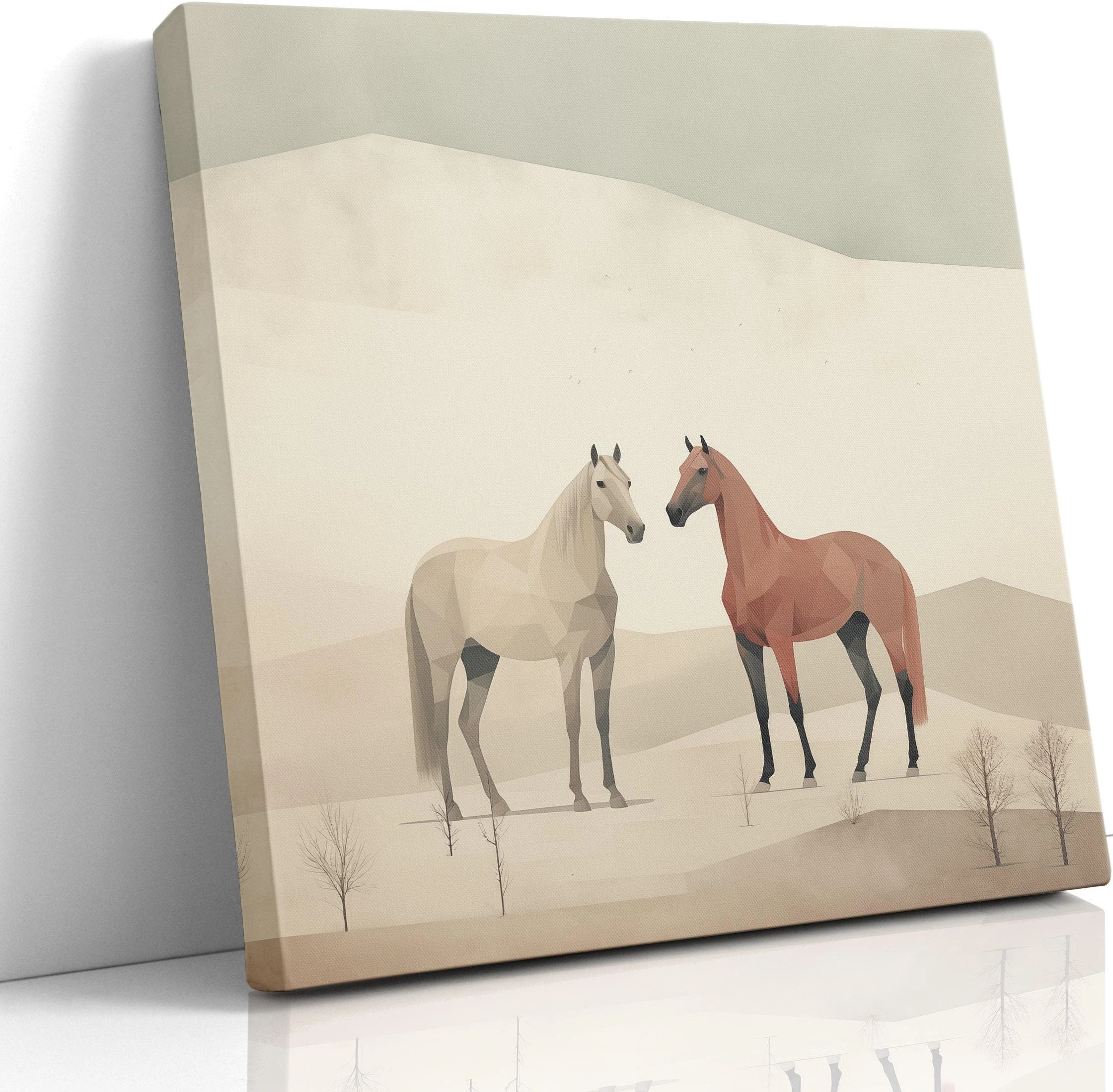 People holding wine near a framed minimalist desert horse artwork on a wall