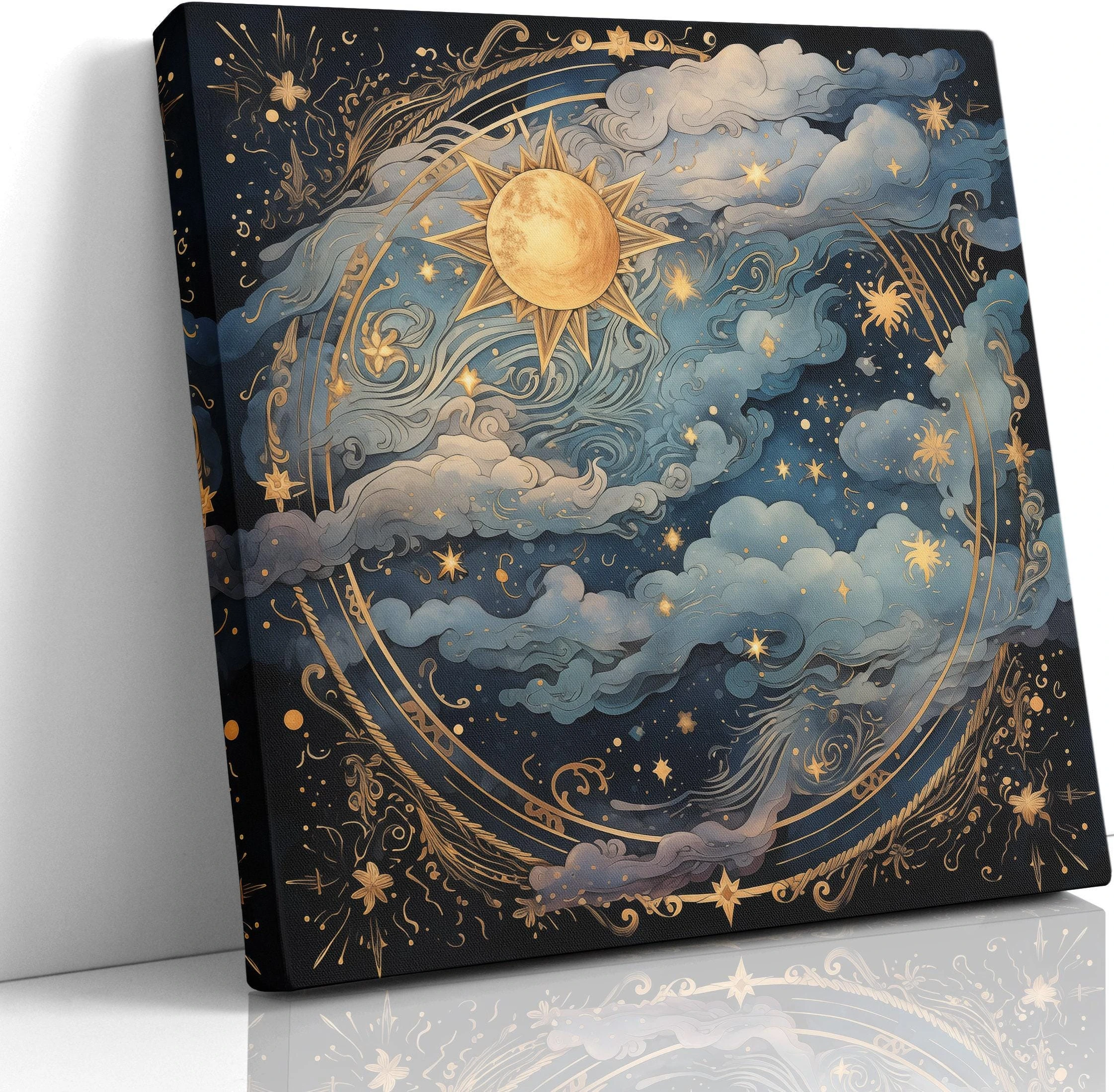 Celestial sun and moon scene with swirling clouds, stars, and gold filigree on a dark navy background