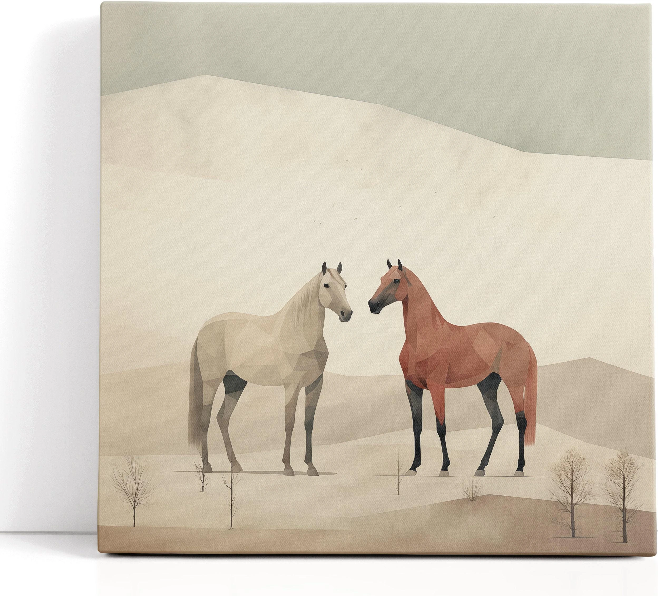 People holding wine near a framed minimalist desert horse artwork on a wall
