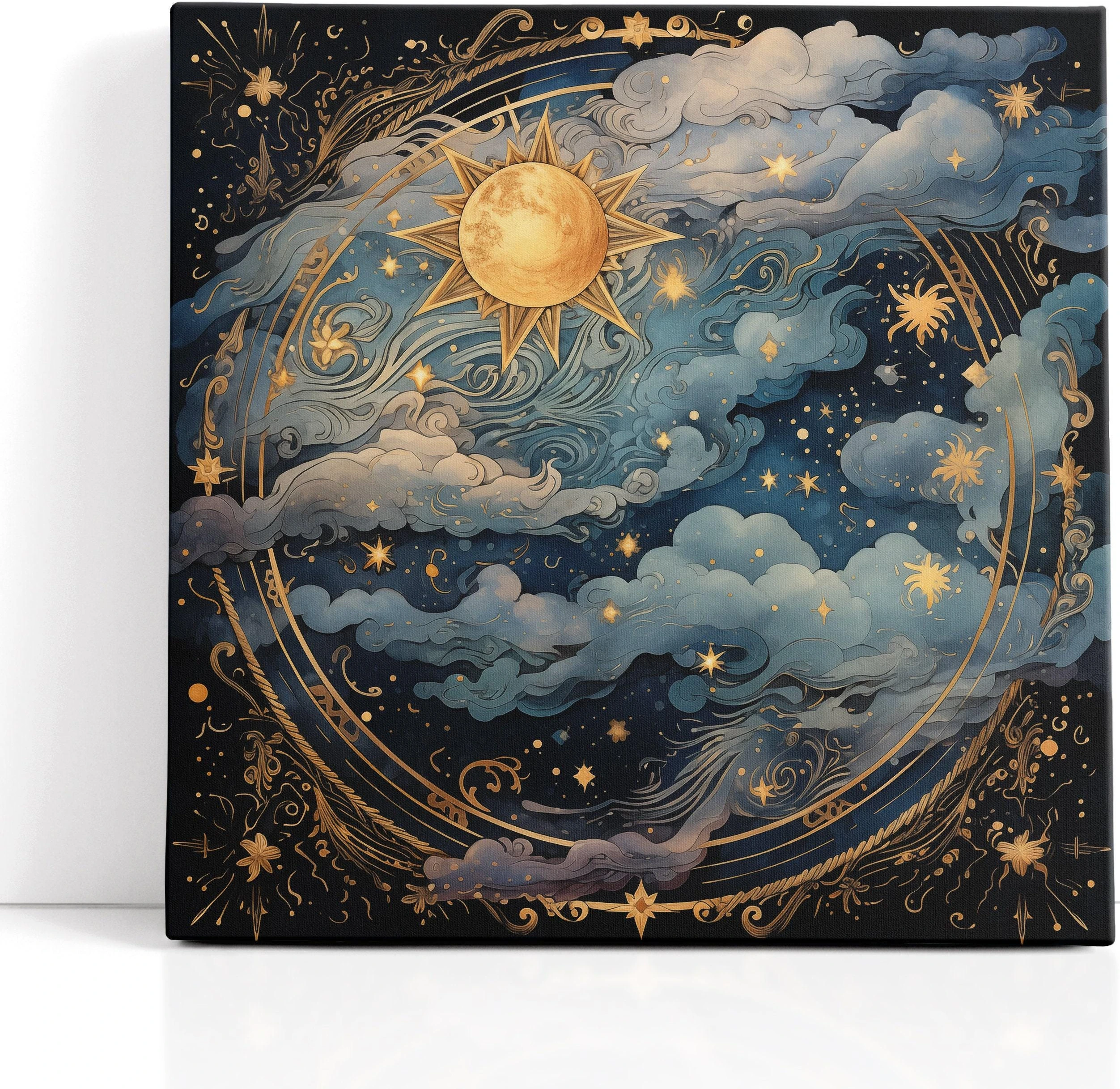 Celestial sun and moon scene with swirling clouds, stars, and gold filigree on a dark navy background detail view