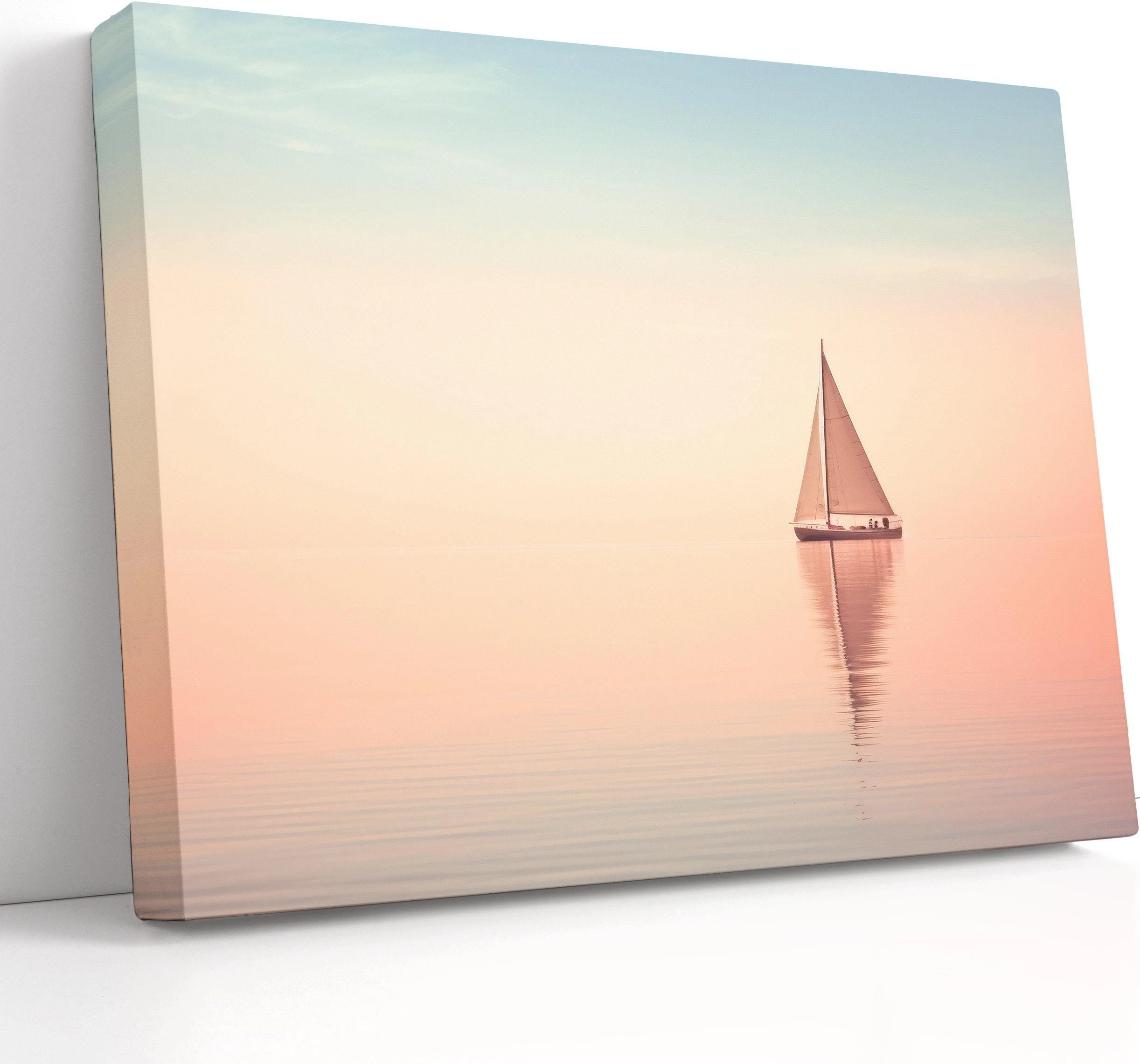 Bedroom scene with a framed pastel sailboat seascape above a bed