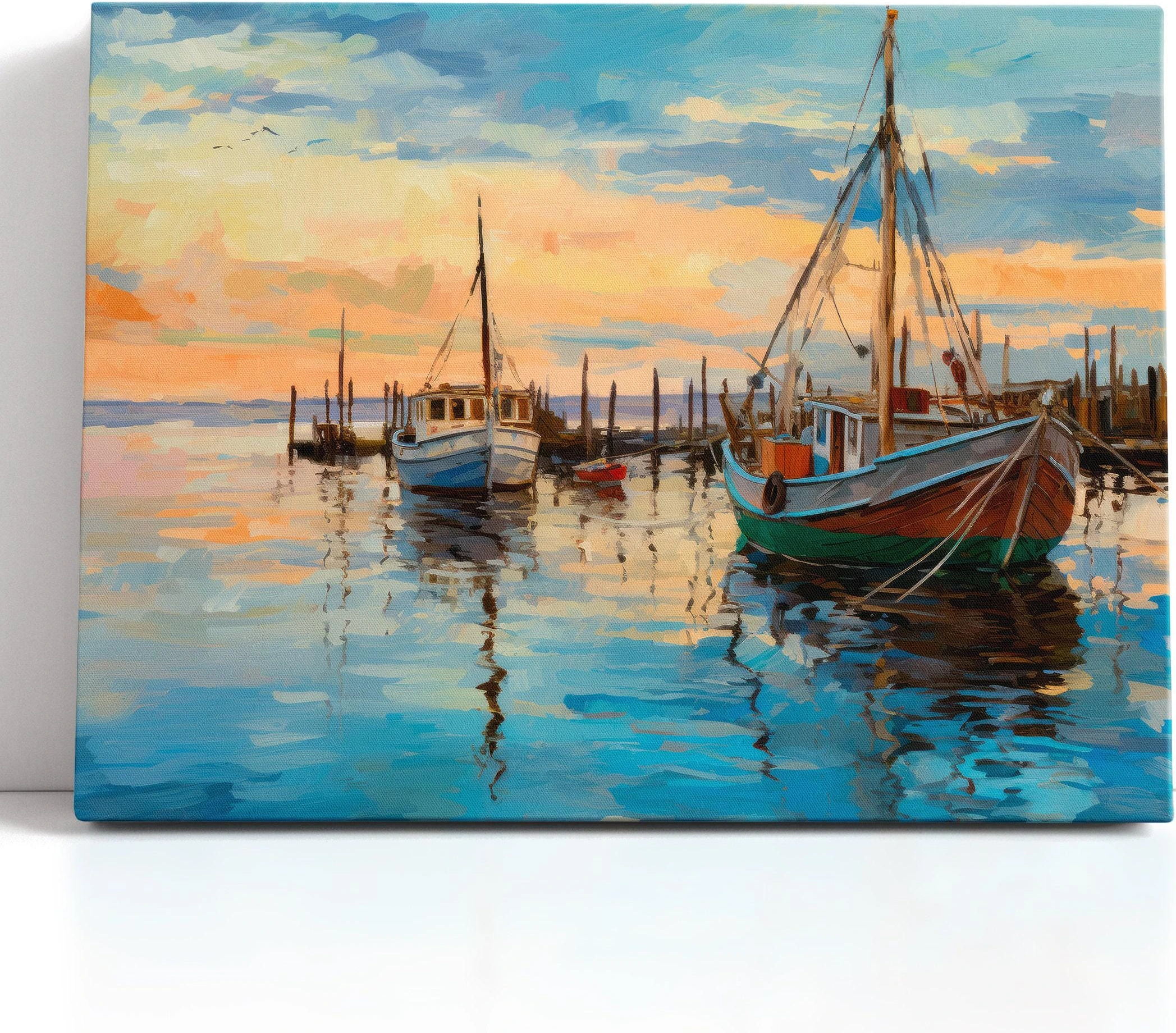 Harbour seascape painting with moored boats, aqua sky and peach sunset clouds, and reflective water ripples detail view
