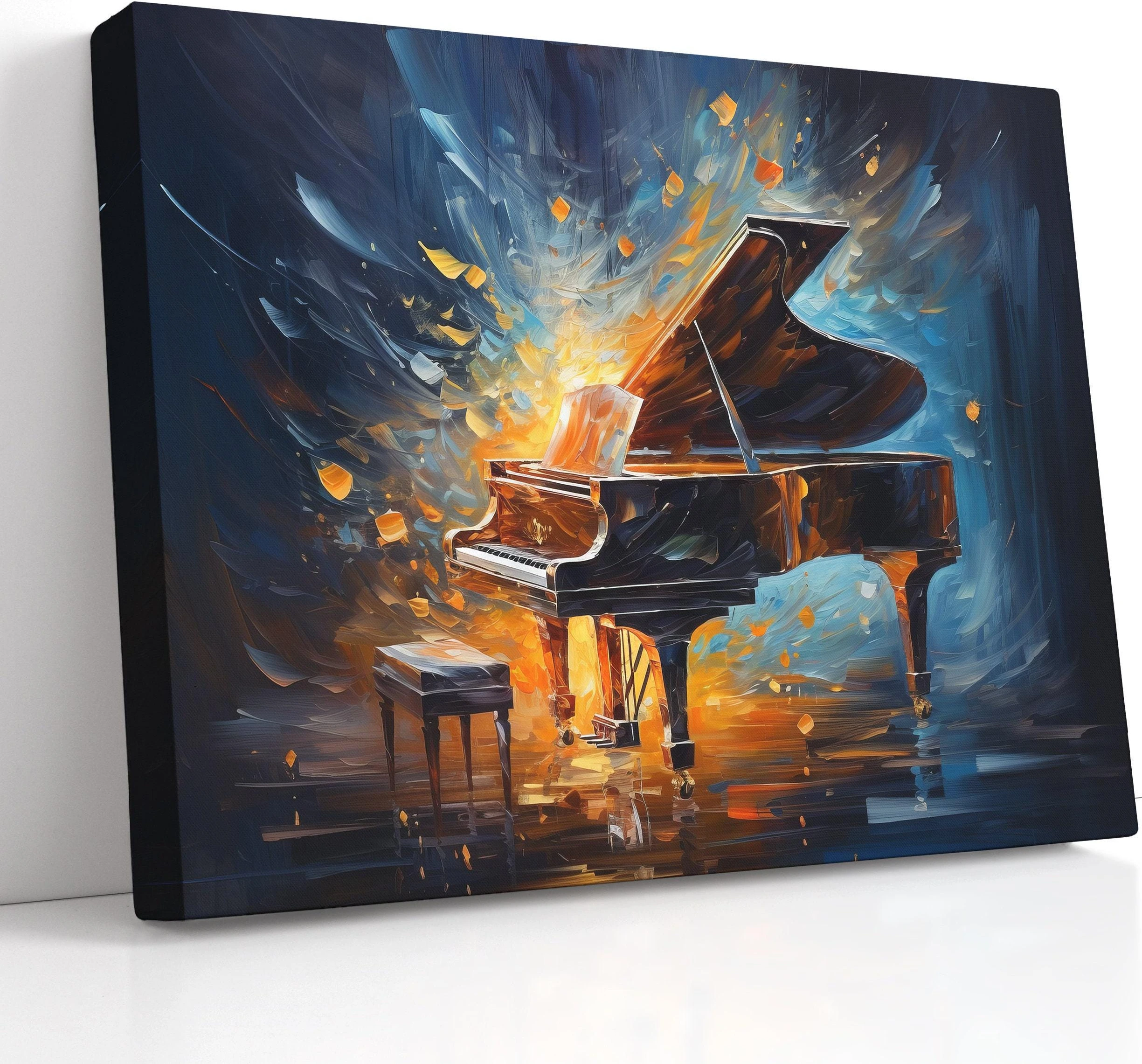Dramatic grand piano artwork with amber glow and midnight blue flying fragments