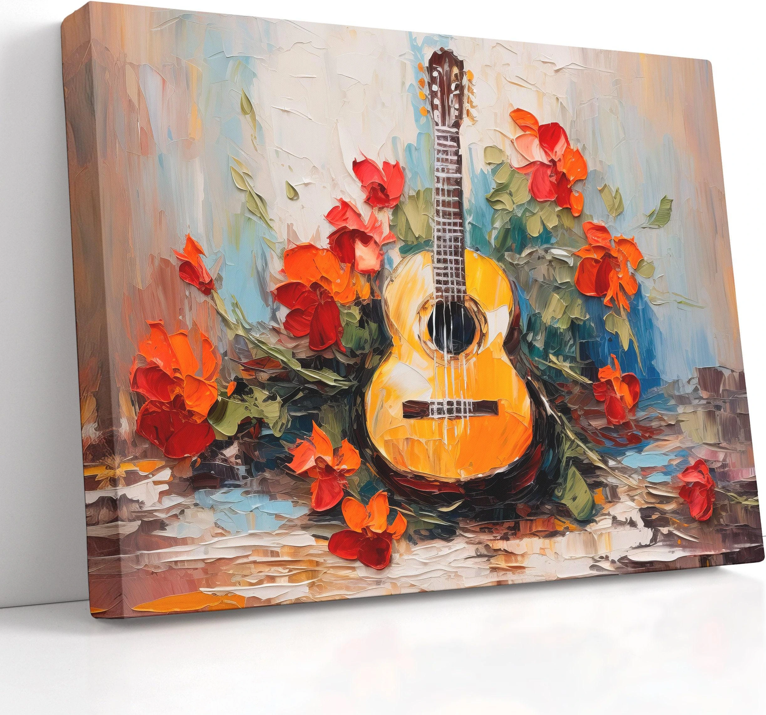A textured guitar illustration is surrounded by vivid red orange flowers and green leaves on a light, painterly background with layered impasto marks