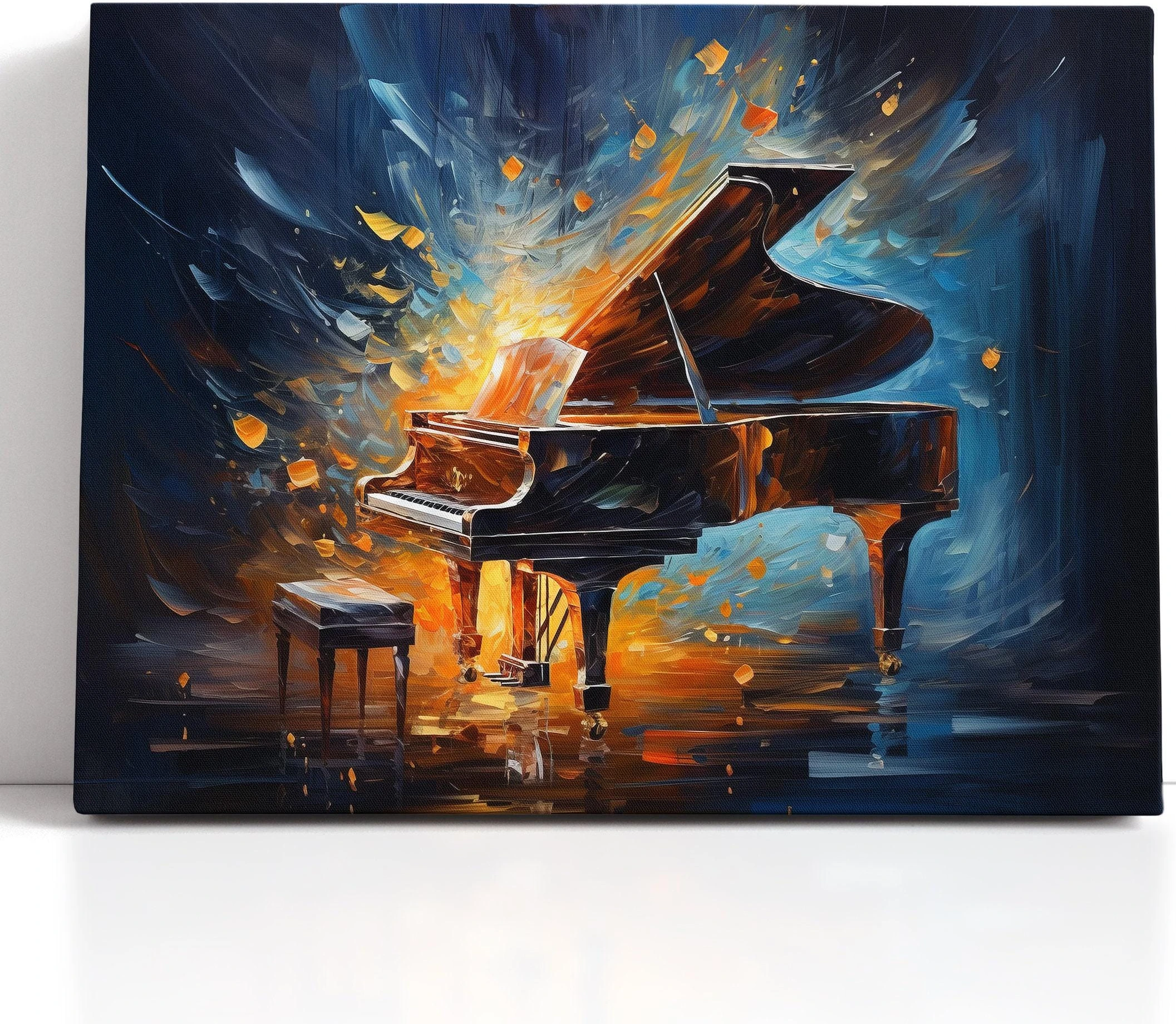 Dramatic grand piano artwork with amber glow and midnight blue flying fragments detail view