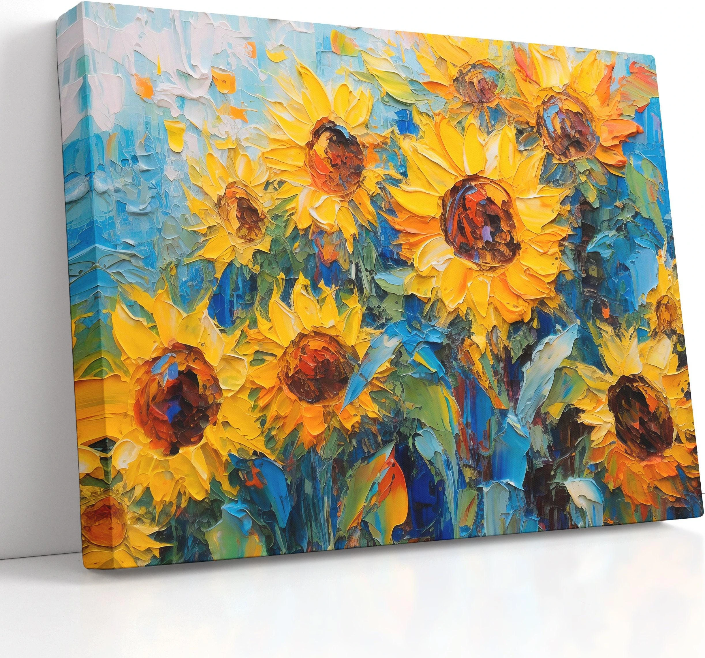 Textured sunflower artwork with bright yellow petals and teal-blue foliage