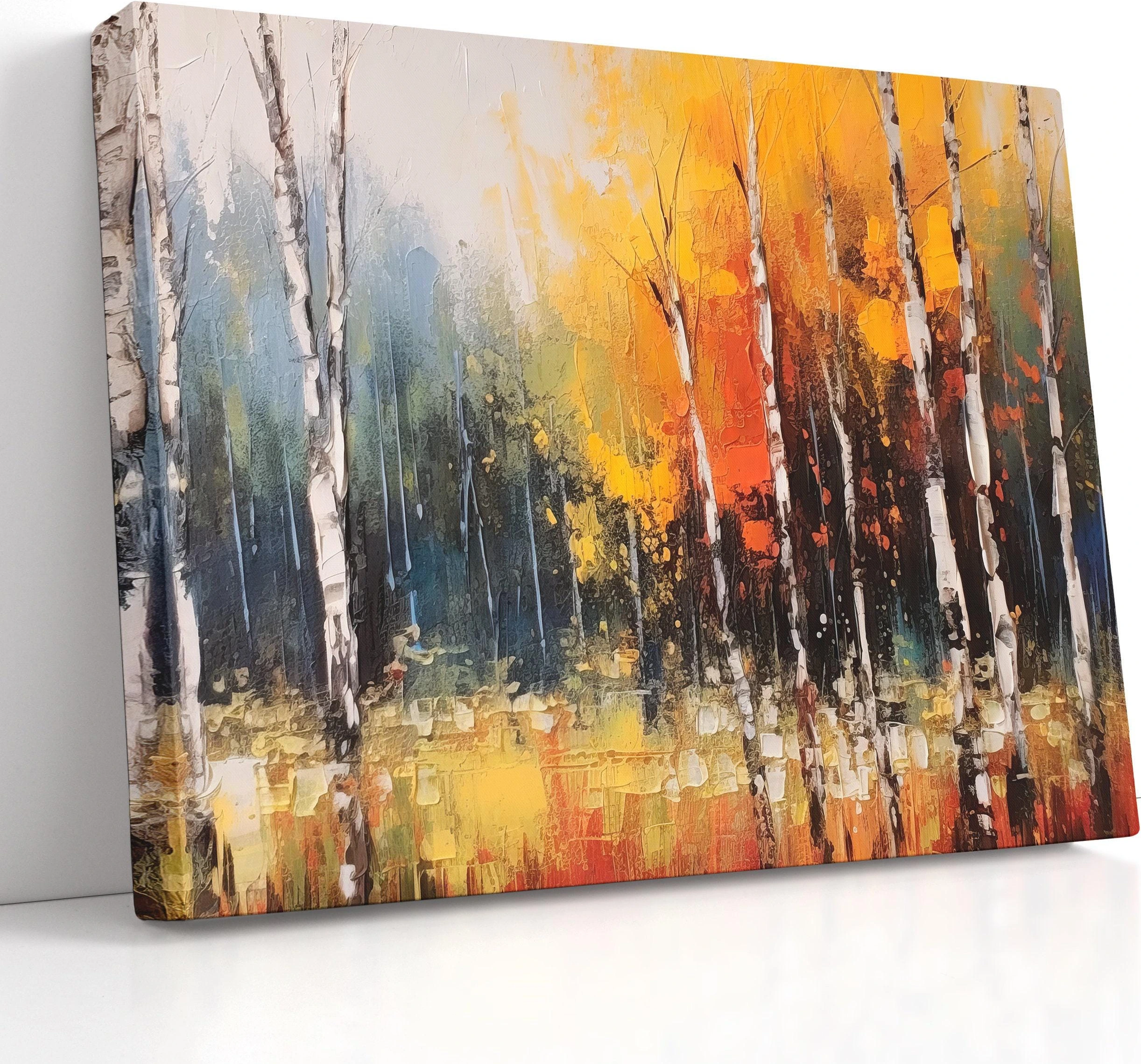 Autumn forest painting with tall pale birch-like trunks in gold, orange and teal tones
