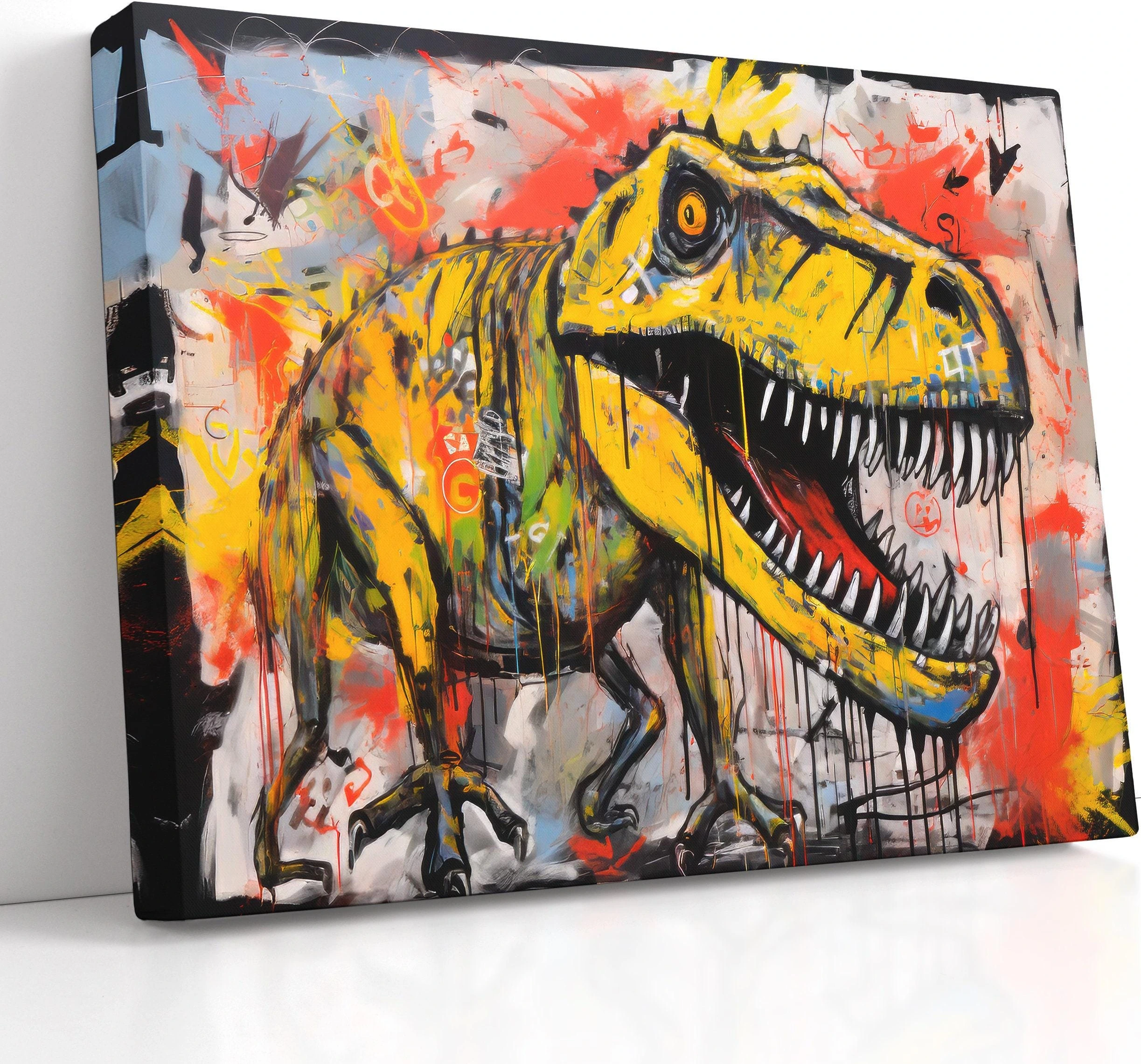 Graffiti-style roaring T-Rex dinosaur with bright yellow and red paint and black outline