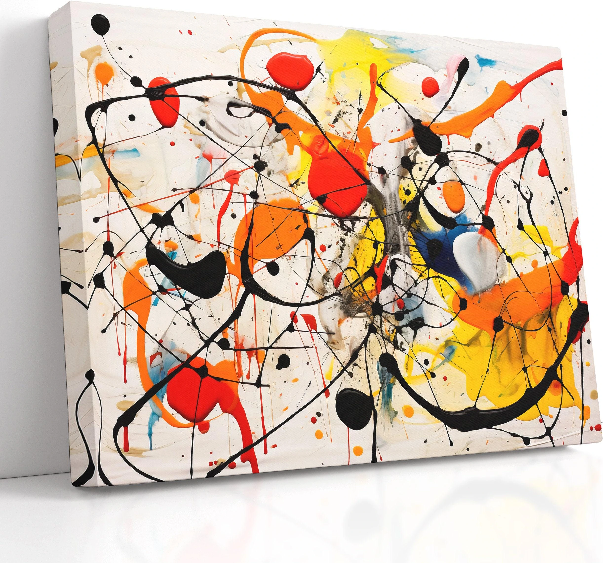 Abstract splatter artwork with black looping lines and red, orange, yellow and blue paint bursts on a white background