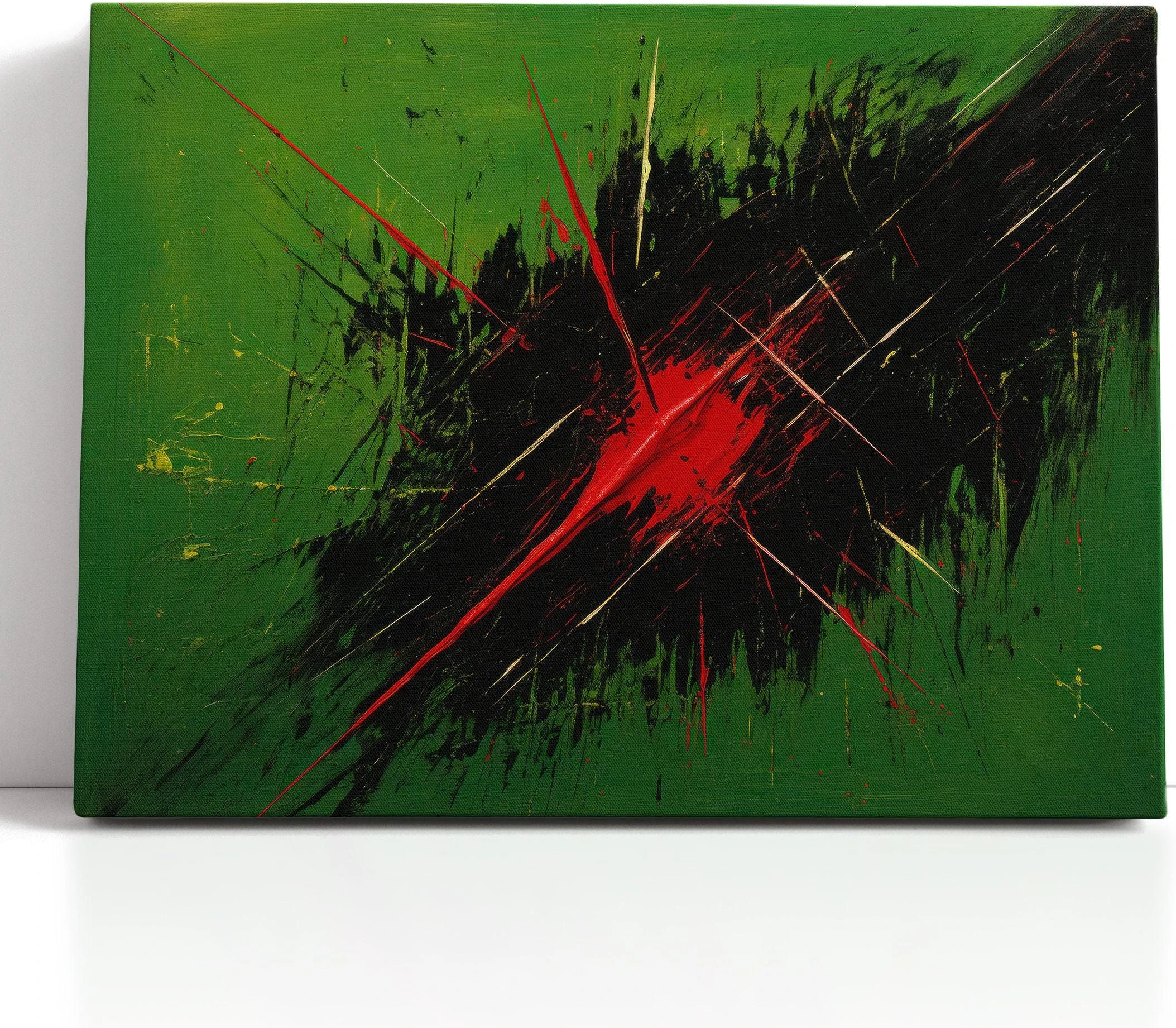 An emerald green abstract canvas shows a dark burst centre with jagged black textures, sharp red and gold streaks, and crossing lines detail view