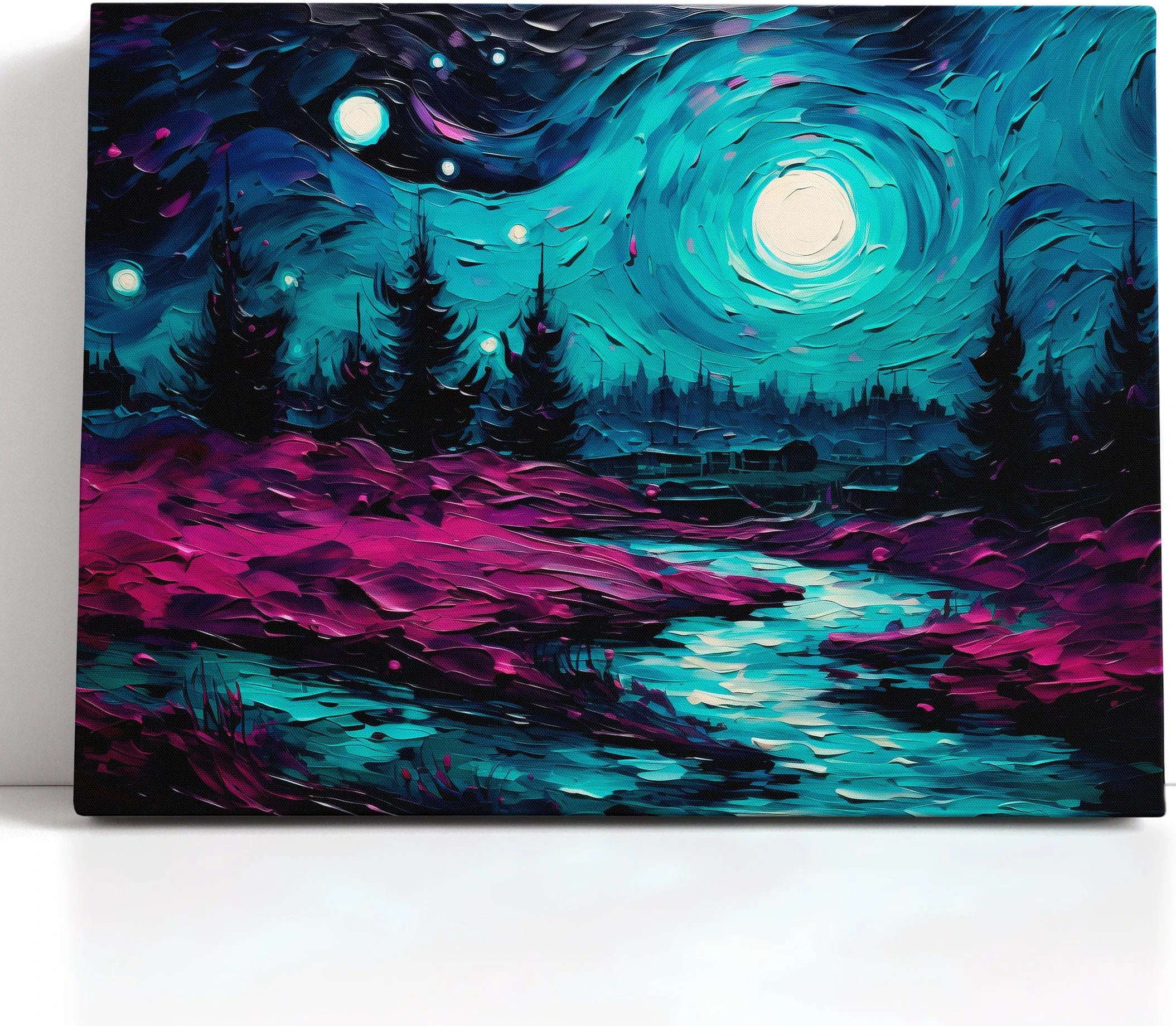 Neon moonlit forest scene with teal swirling sky, bright moon, and magenta highlights detail view