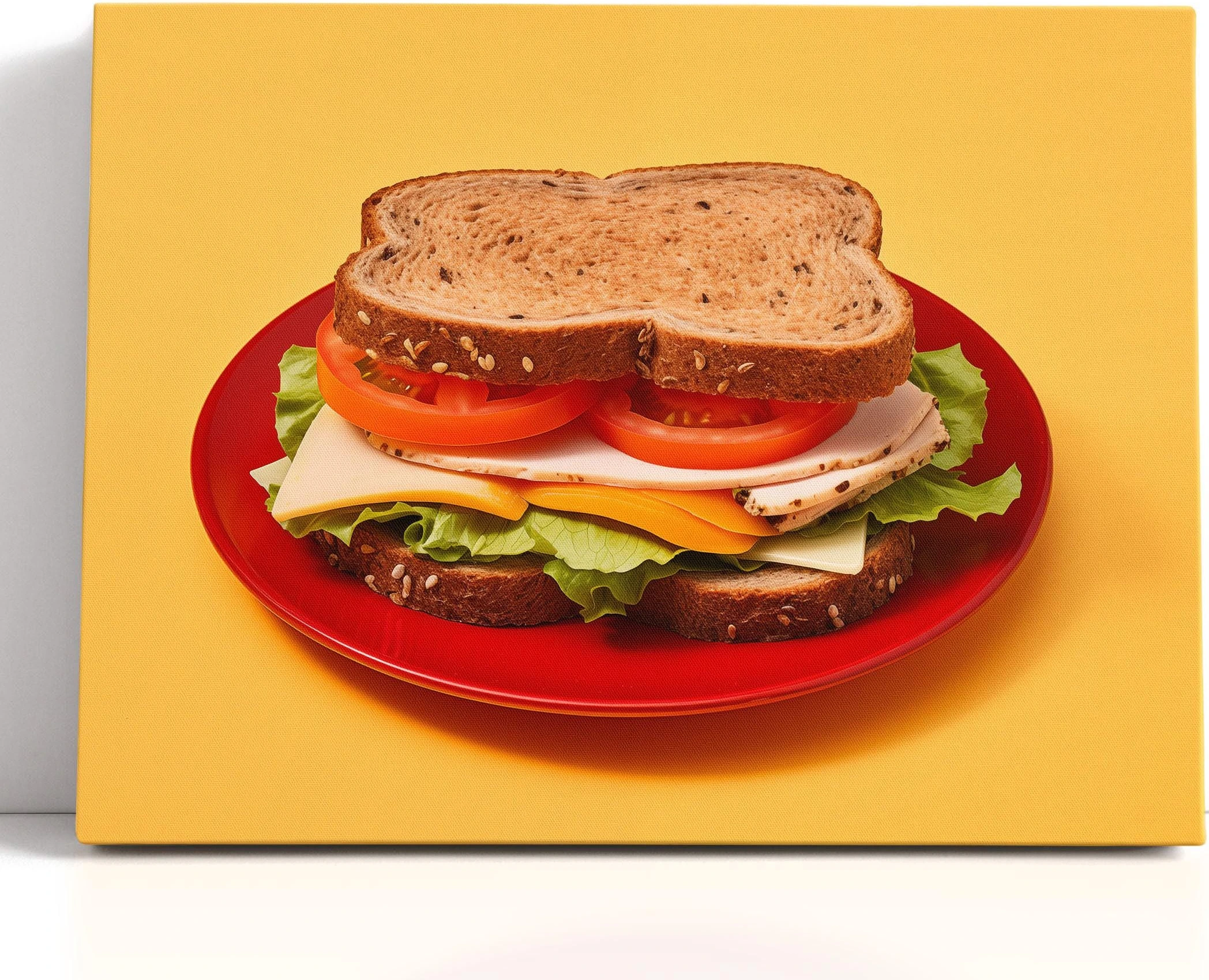 A retro food-themed image shows stacked sandwich slices on a red plate against a mustard-yellow background with bold, high-contrast colours detail