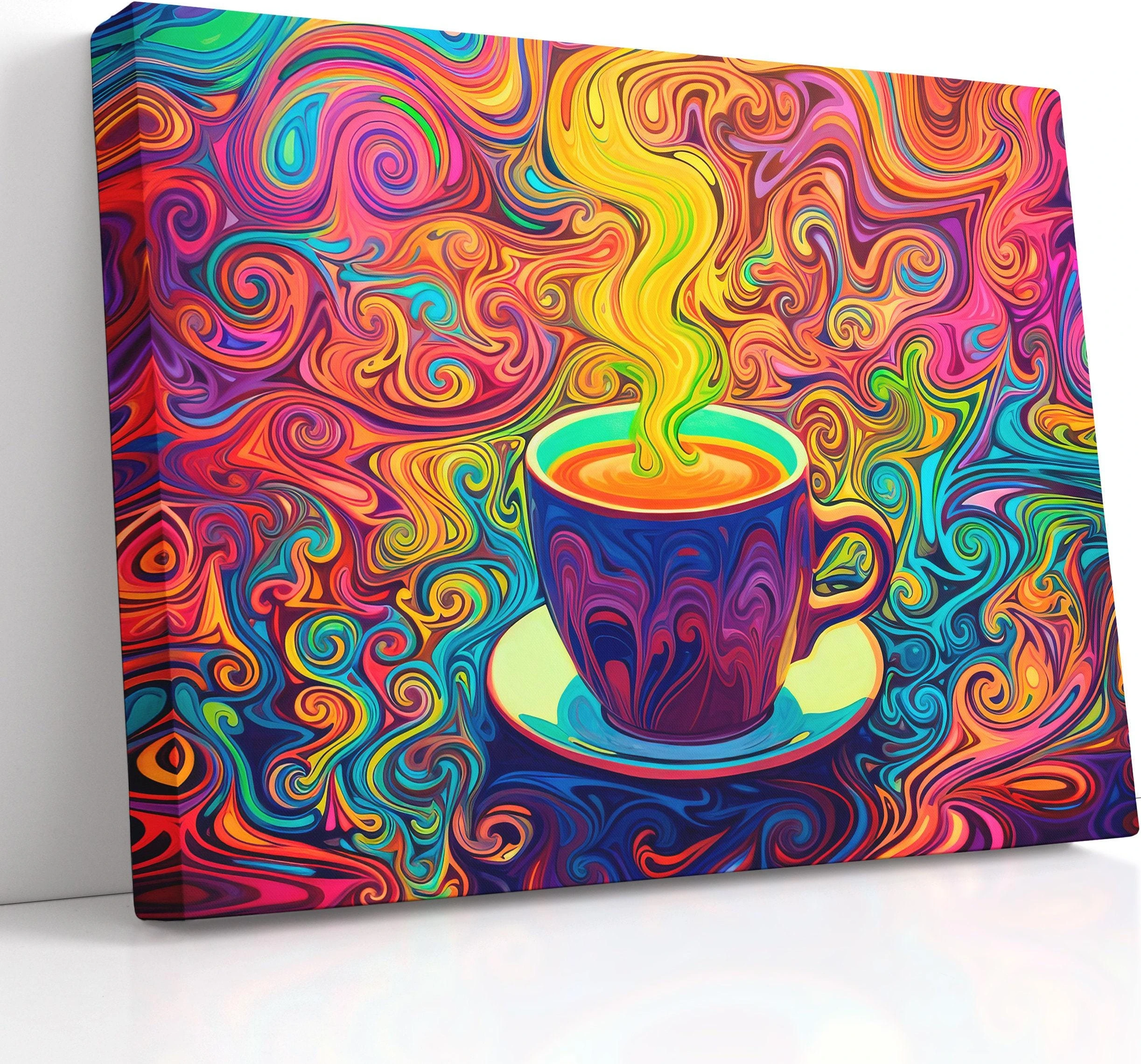 A vivid neon swirl illustration shows a purple coffee cup with rainbow steam, surrounded by tightly curling ornamental patterns