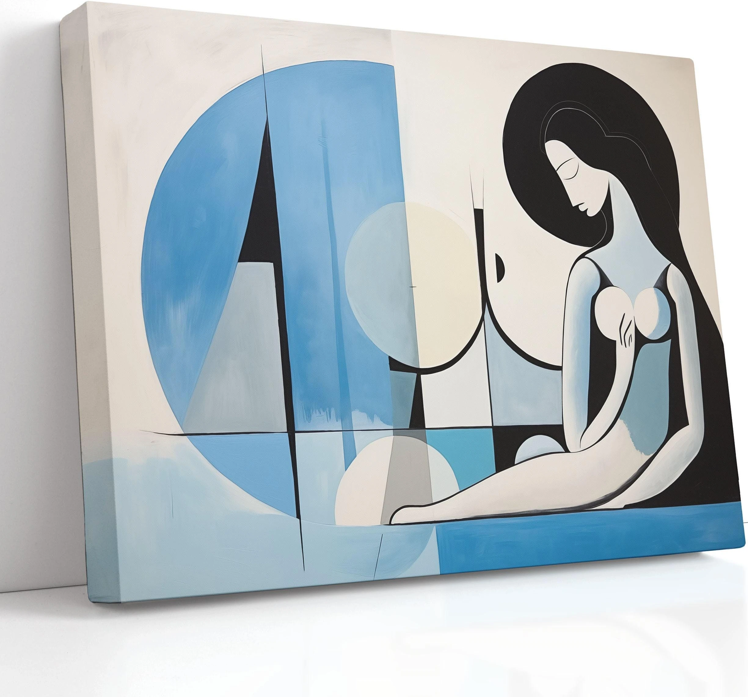 A cubist-style abstract figure in black outlines sits alongside large blue geometric shapes on a pale cream background