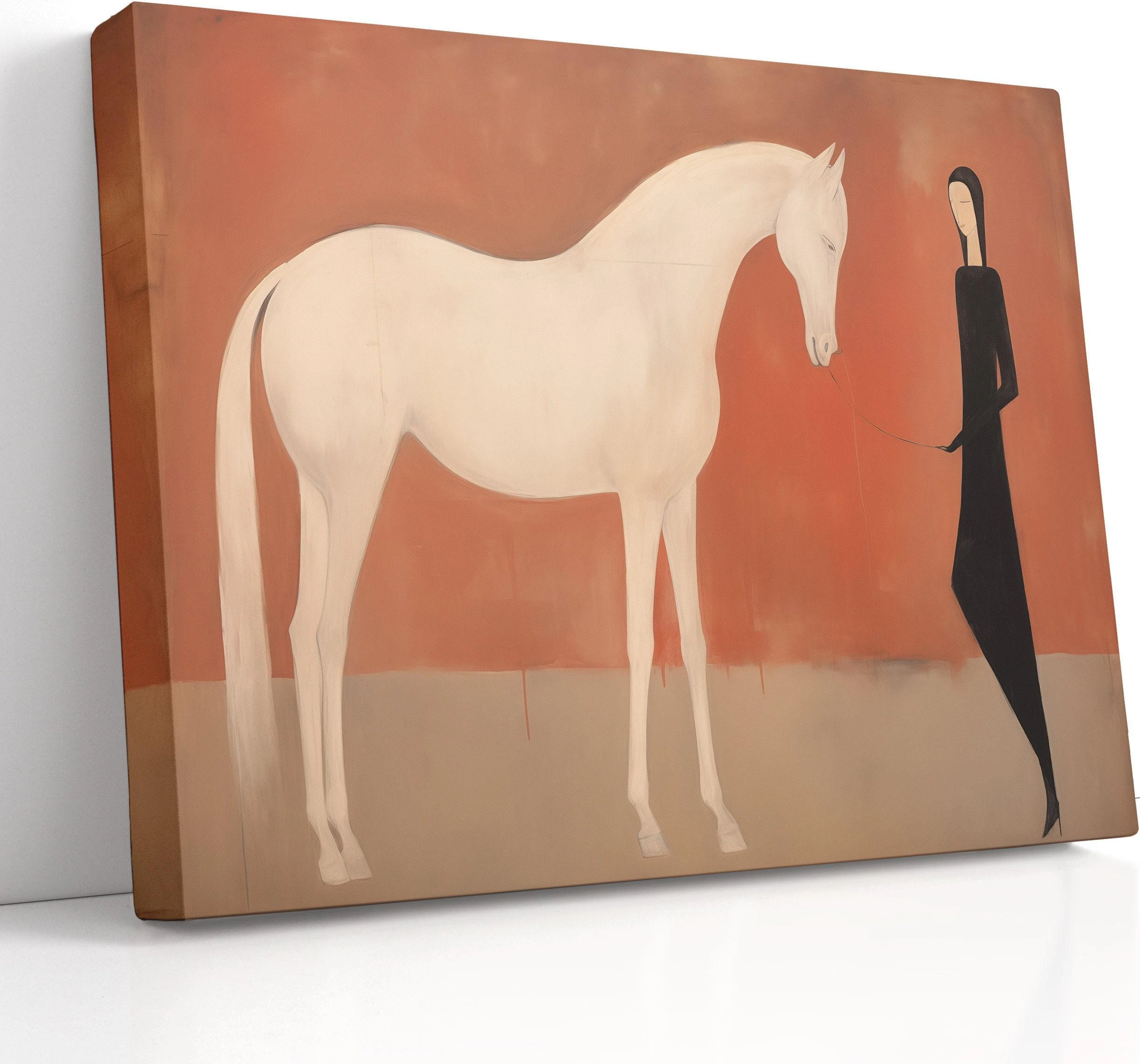 Stylised white horse in profile with a minimalist woman silhouette holding a lead line