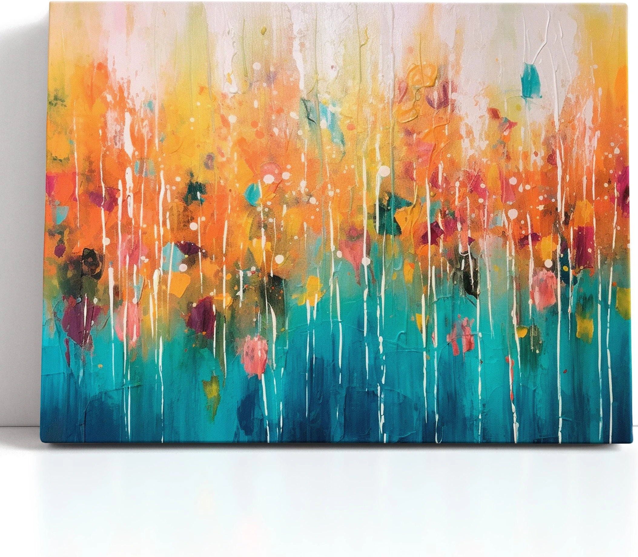 Abstract floral artwork with turquoise and teal tones, warm orange and coral accents, and white paint splatters detail view