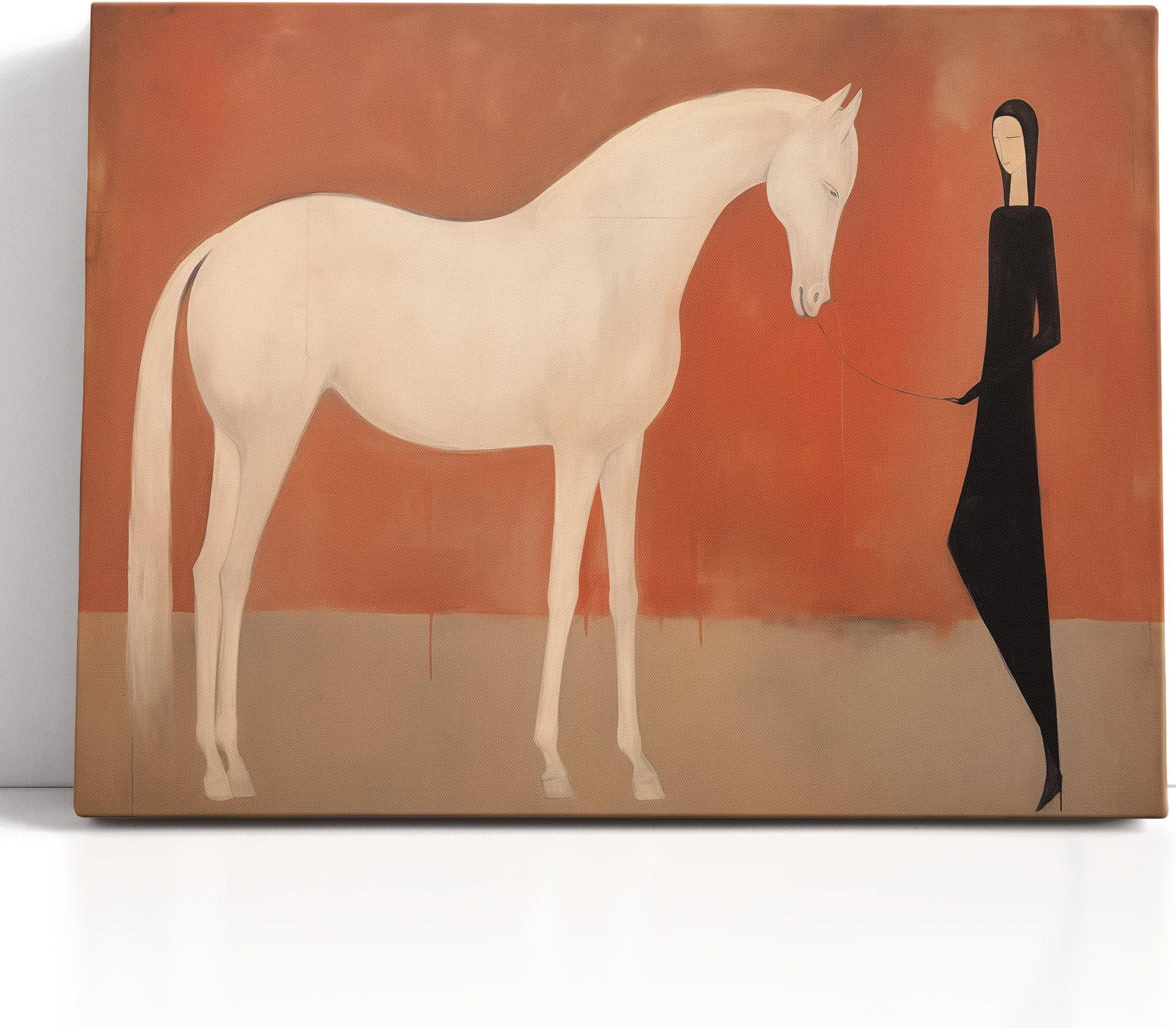 Mockup showing a warm terracotta equine artwork with a white horse and minimalist woman silhouette