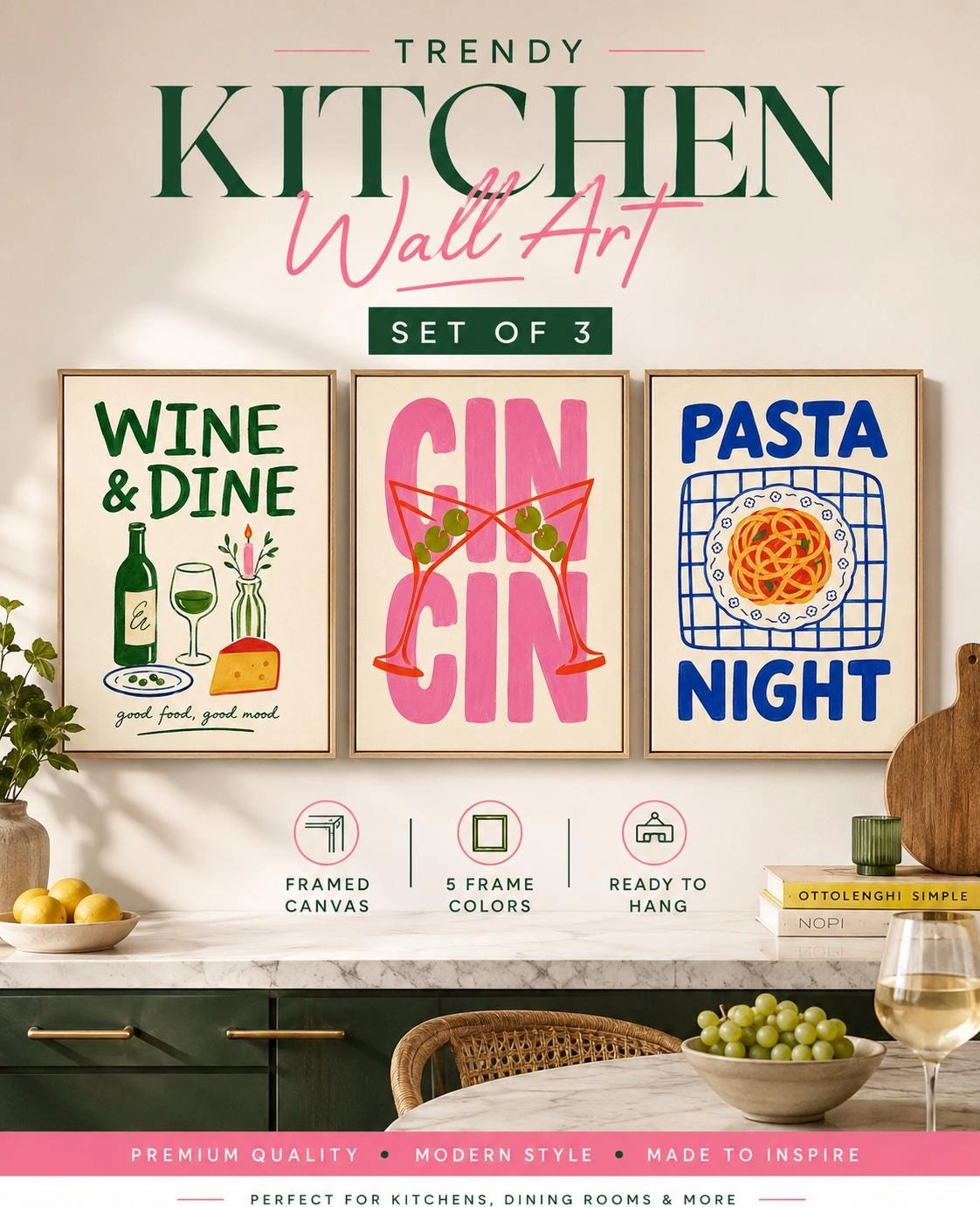 Set of three framed kitchen typography panels: Wine & Dine, Cin Cin and Pasta Night