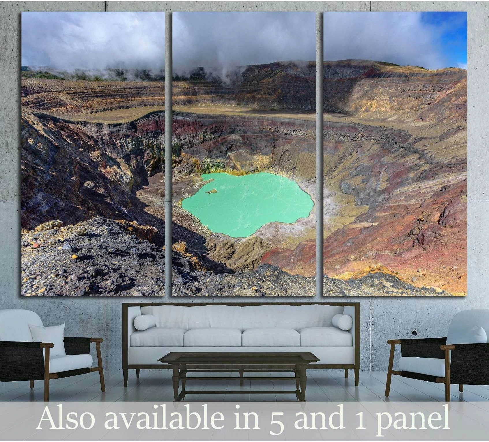 Santa Ana Volcano canvas print with turquoise crater lagoon above sofa in a modern living room