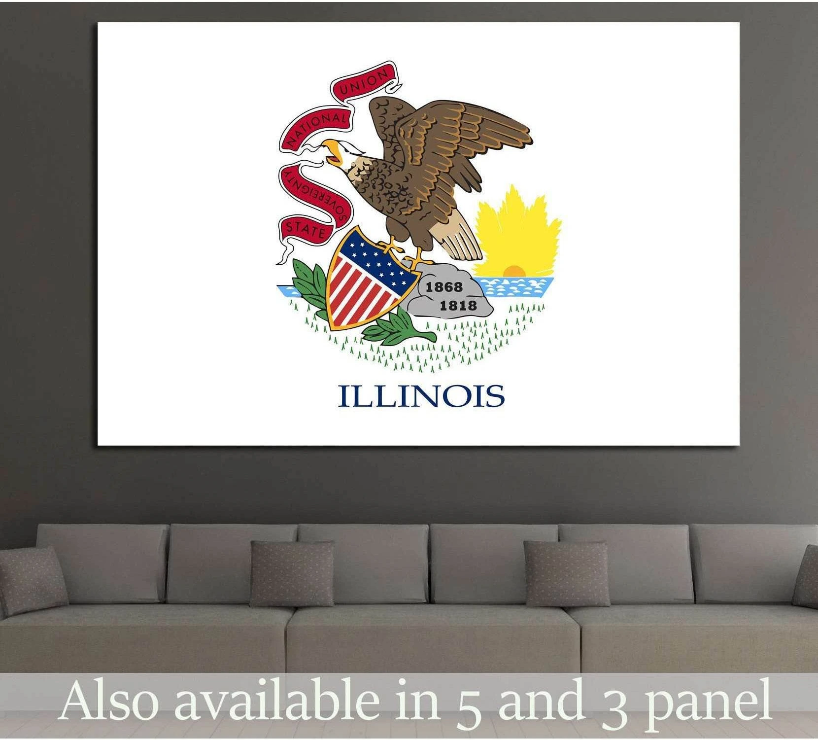 Illinois state flag canvas print with eagle seal on white background above sofa in modern living room
