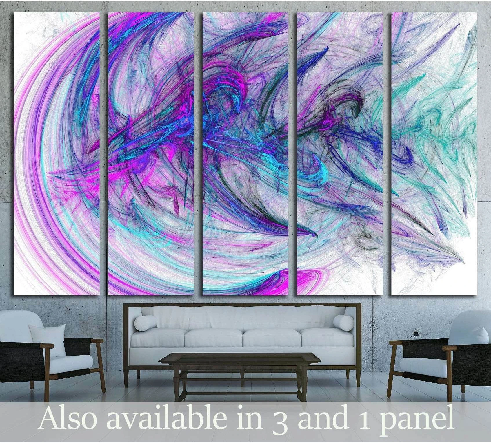 Purple and teal fractal canvas print in five panels above a sofa in a modern living room
