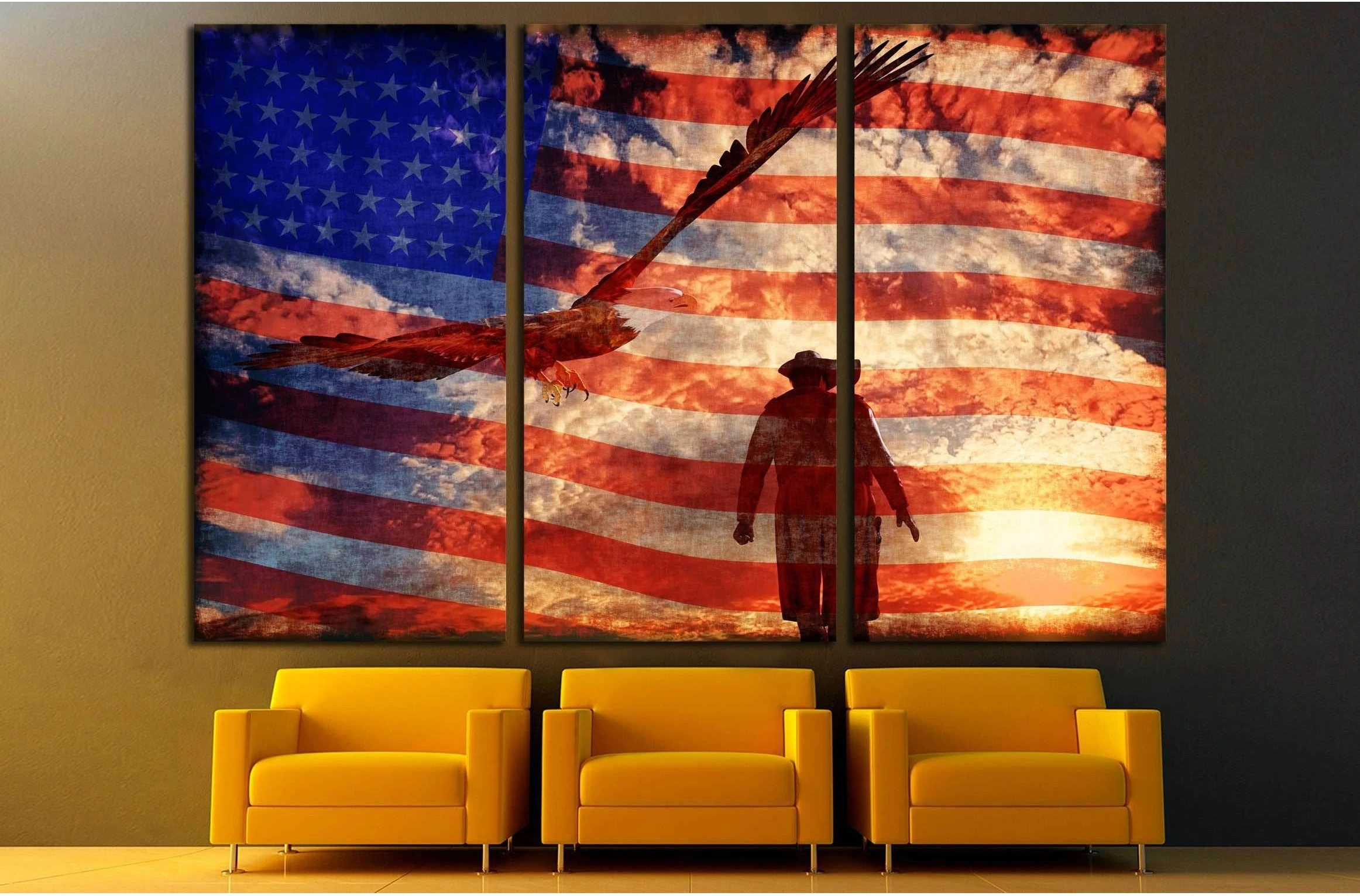 Illustration of a cowboy at sunset with an eagle and american flag №3249 Ready to Hang Canvas Print - Zellart Canvas Prints ALL_Products, s-3249