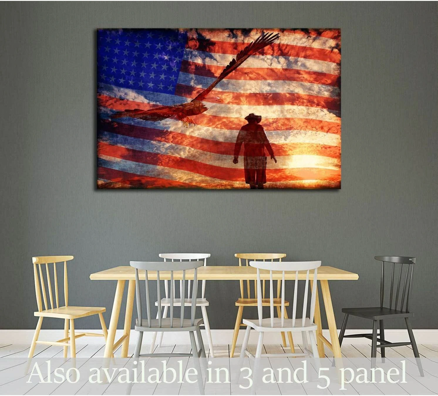 Cowboy canvas print with eagle flying over a waving American flag at sunset, displayed above a dining table