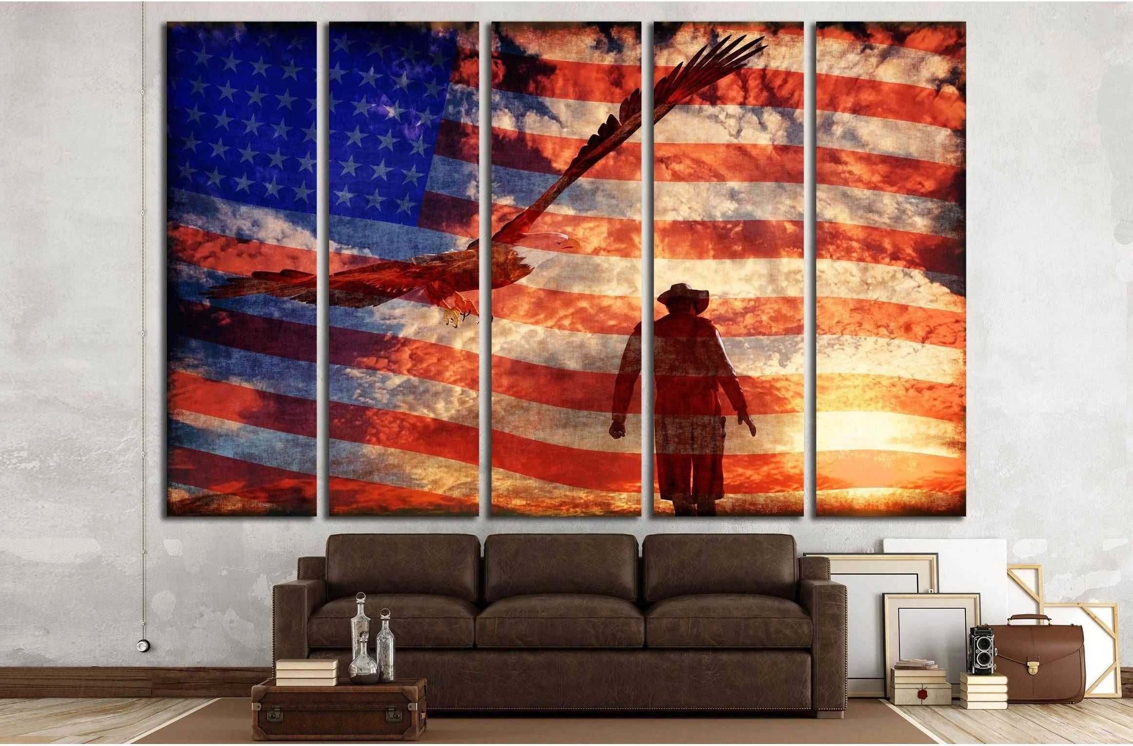 Illustration of a cowboy at sunset with an eagle and american flag №3249 Ready to Hang Canvas Print - Zellart Canvas Prints ALL_Products, s-3249