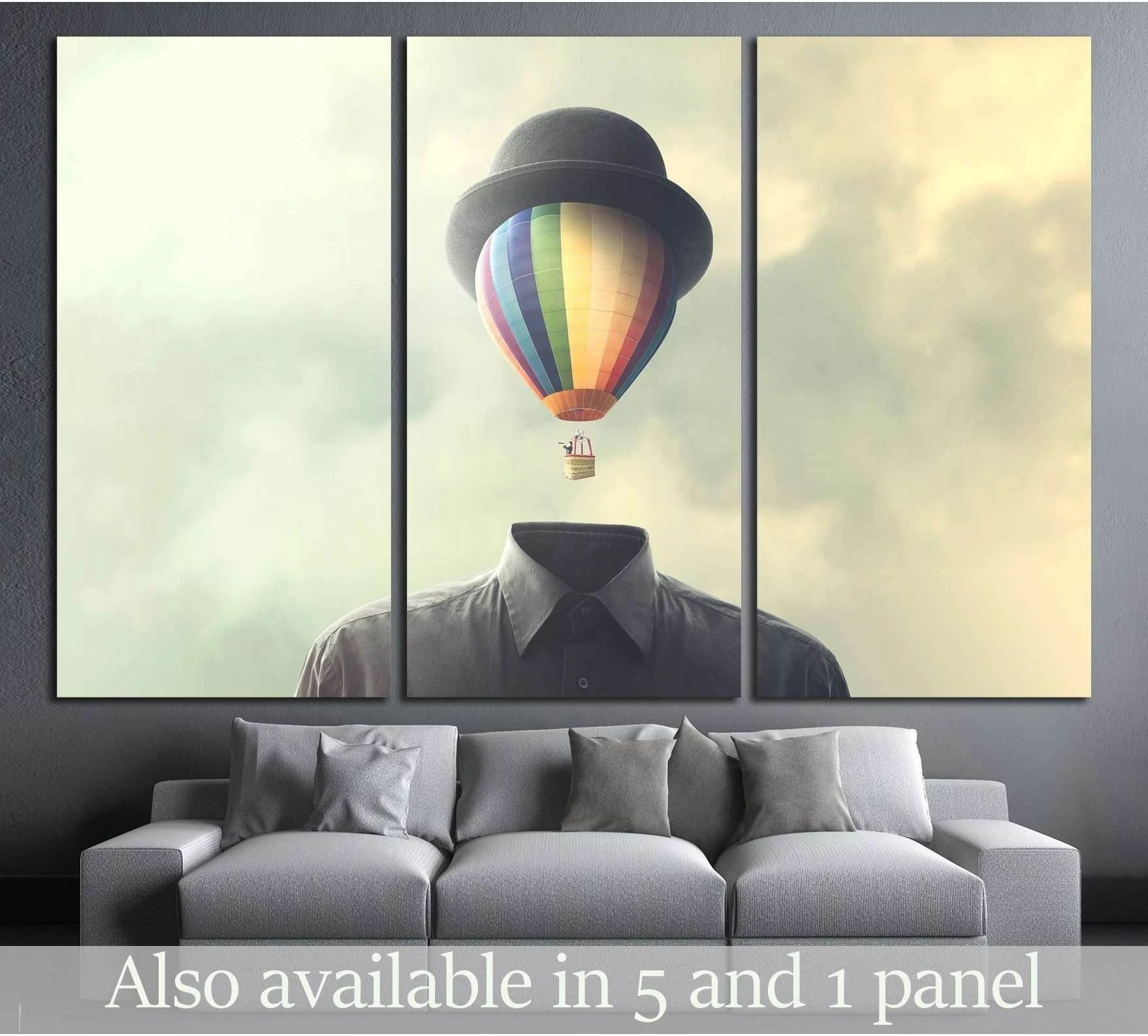 Surreal balloon head canvas print with rainbow hot air balloon and bowler hat above a sofa in a modern living room