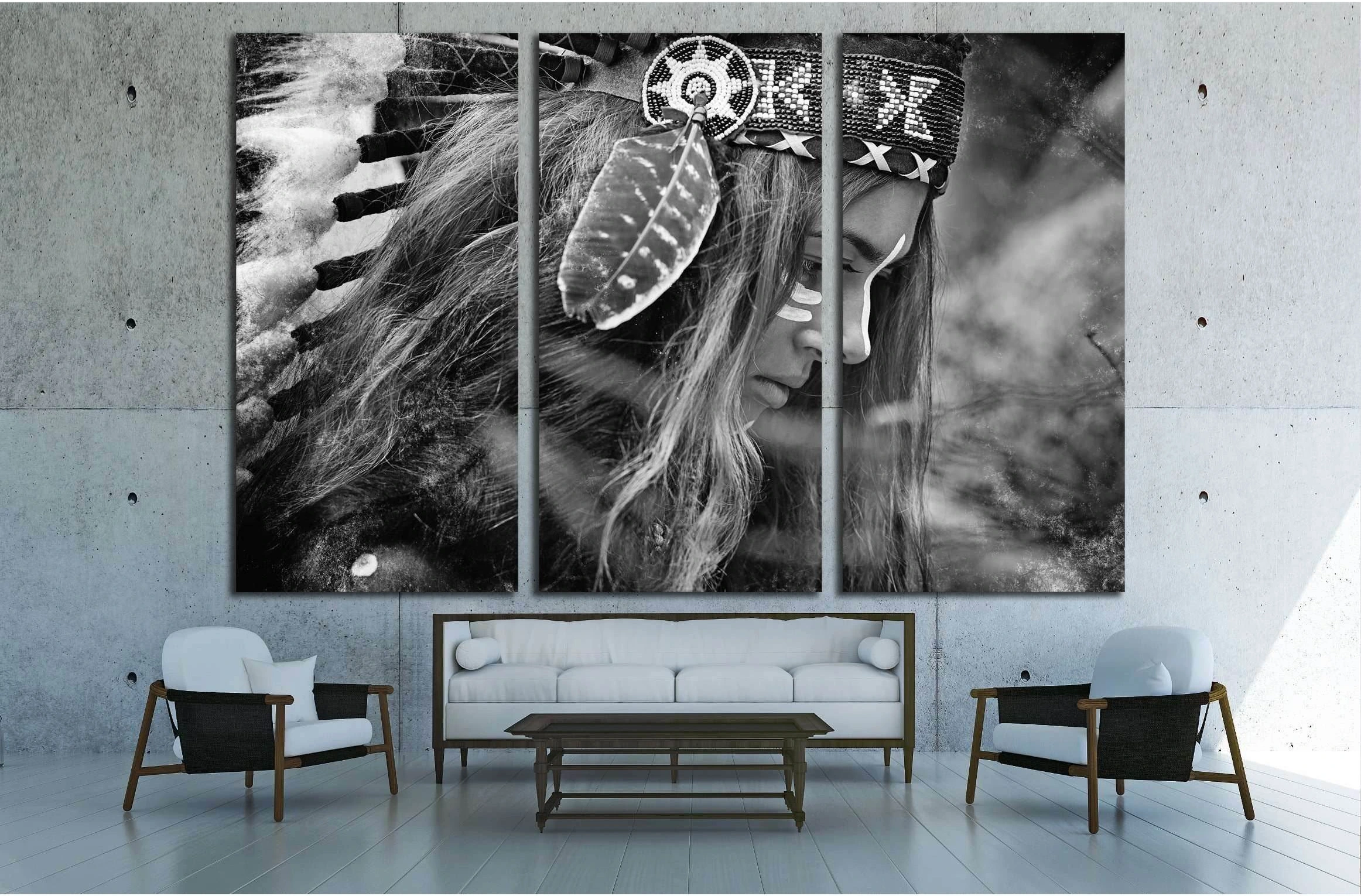 Indian woman hunter. Black and white portrait №2768 Ready to Hang Canvas Print - Zellart Canvas Prints ALL_Products, s-2768