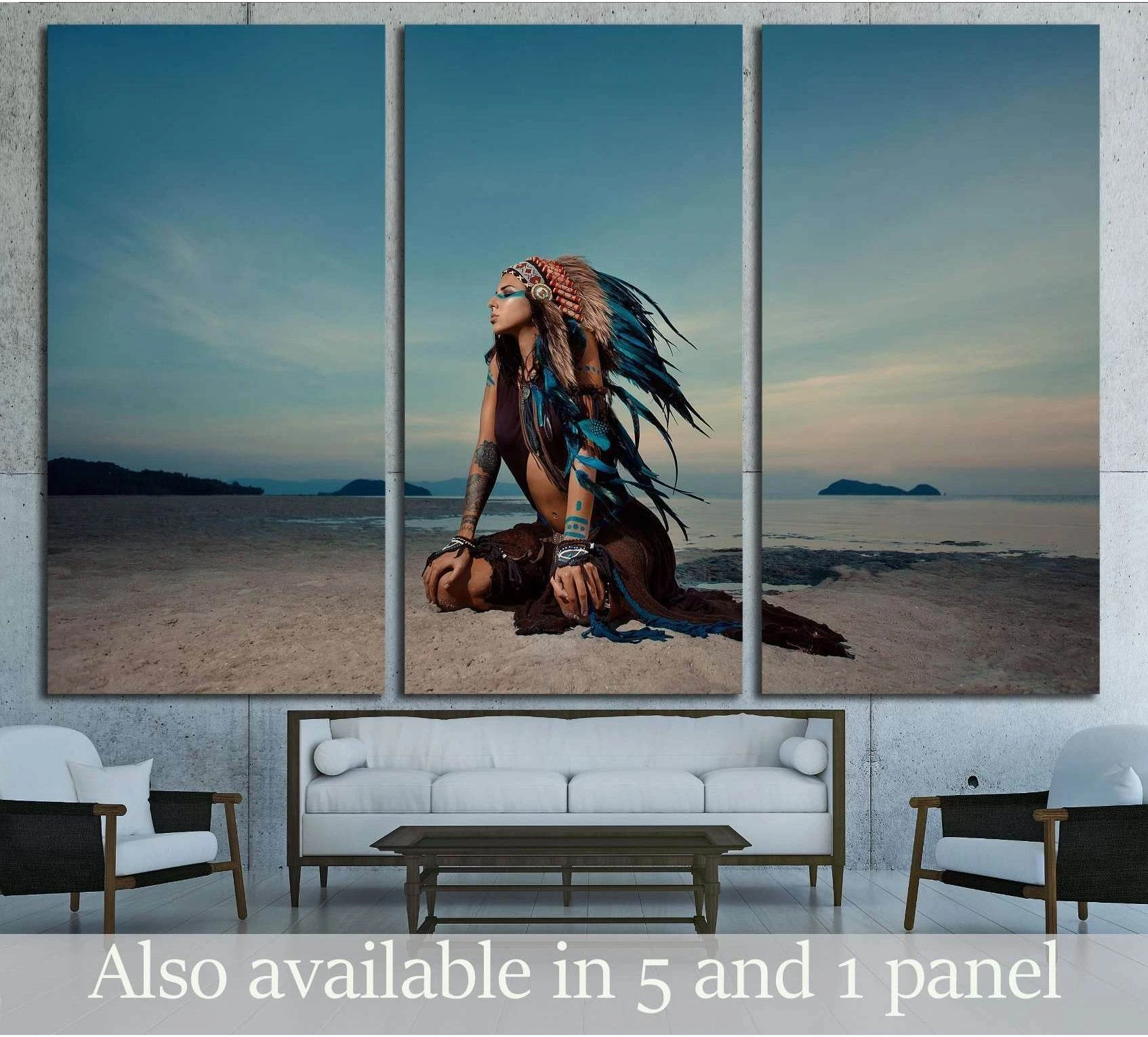 Triptych canvas print of a woman in feathered headdress kneeling on a sunset beach above a sofa