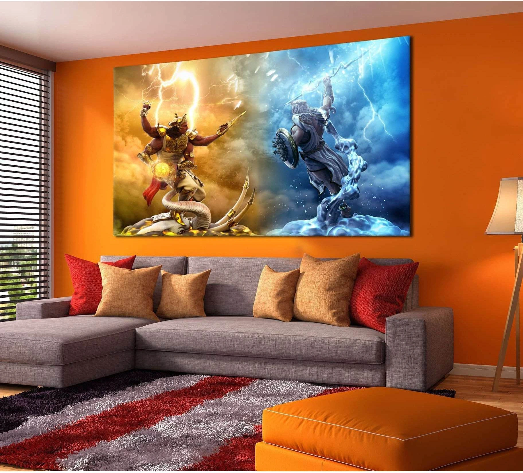 Indra vs Zeus mythology canvas print with gold and blue lightning battle above a sofa in a modern living room