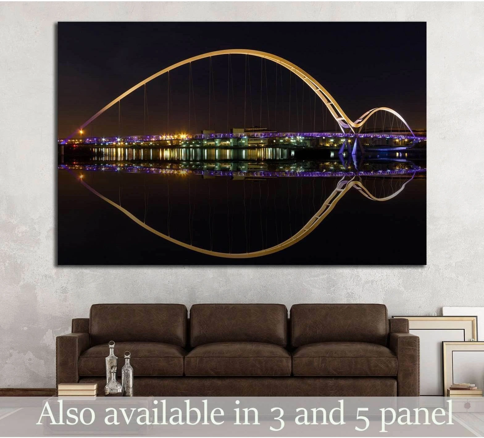 Infinity Bridge canvas print glowing over the River Tees at night above a sofa in a modern living room