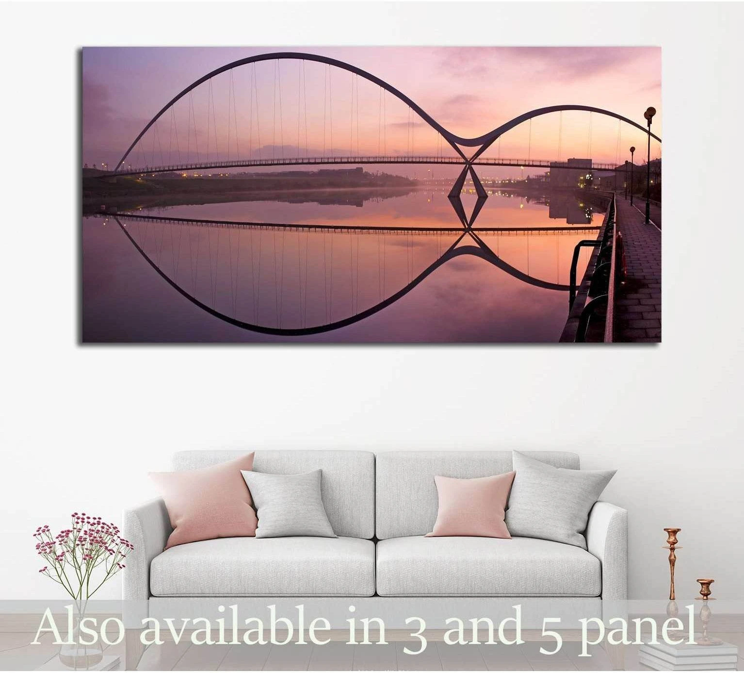 Infinity Bridge canvas print over sofa with pink sunrise reflection on the River Tees