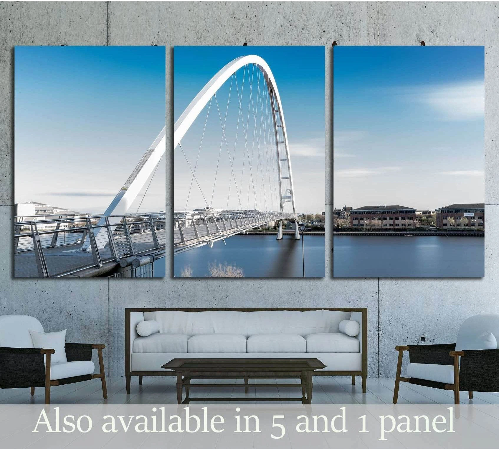 Infinity Bridge Stockton-on-Tees triptych canvas print above sofa in a modern living room