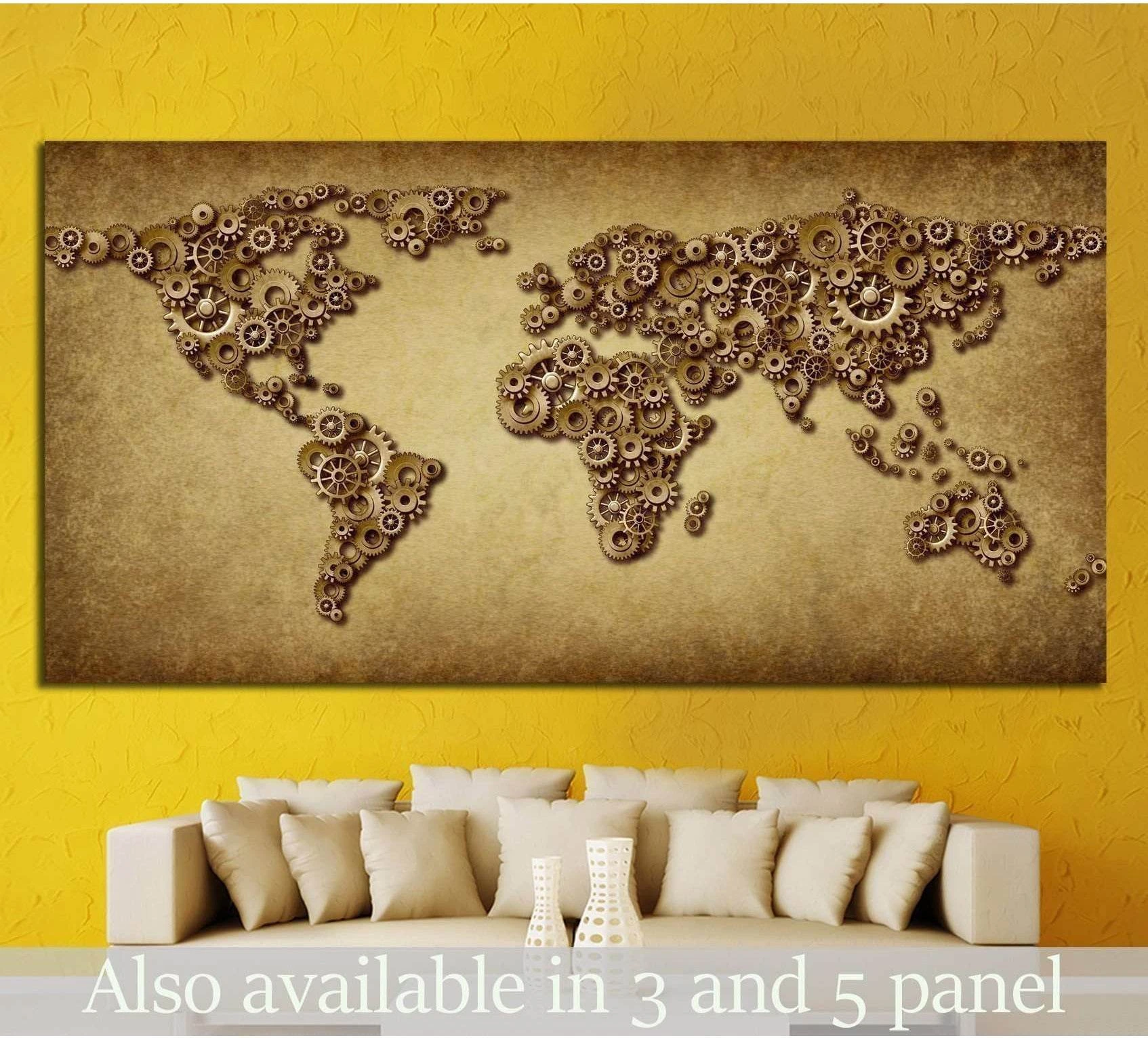 Sepia gear world map canvas print hung above a sofa on a yellow wall in a modern office