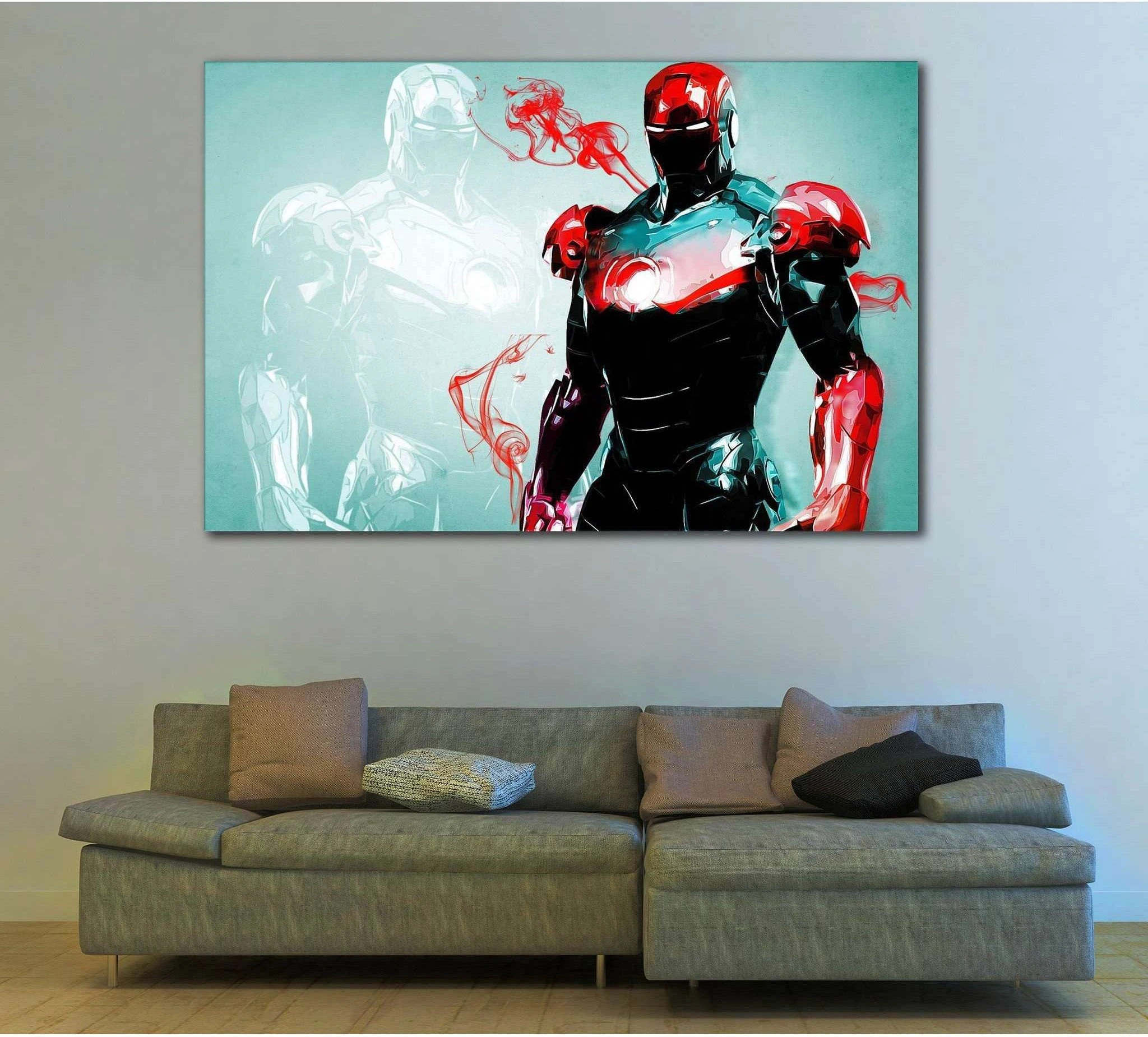 Iron Man canvas print with red and black armor above sofa in a modern living room