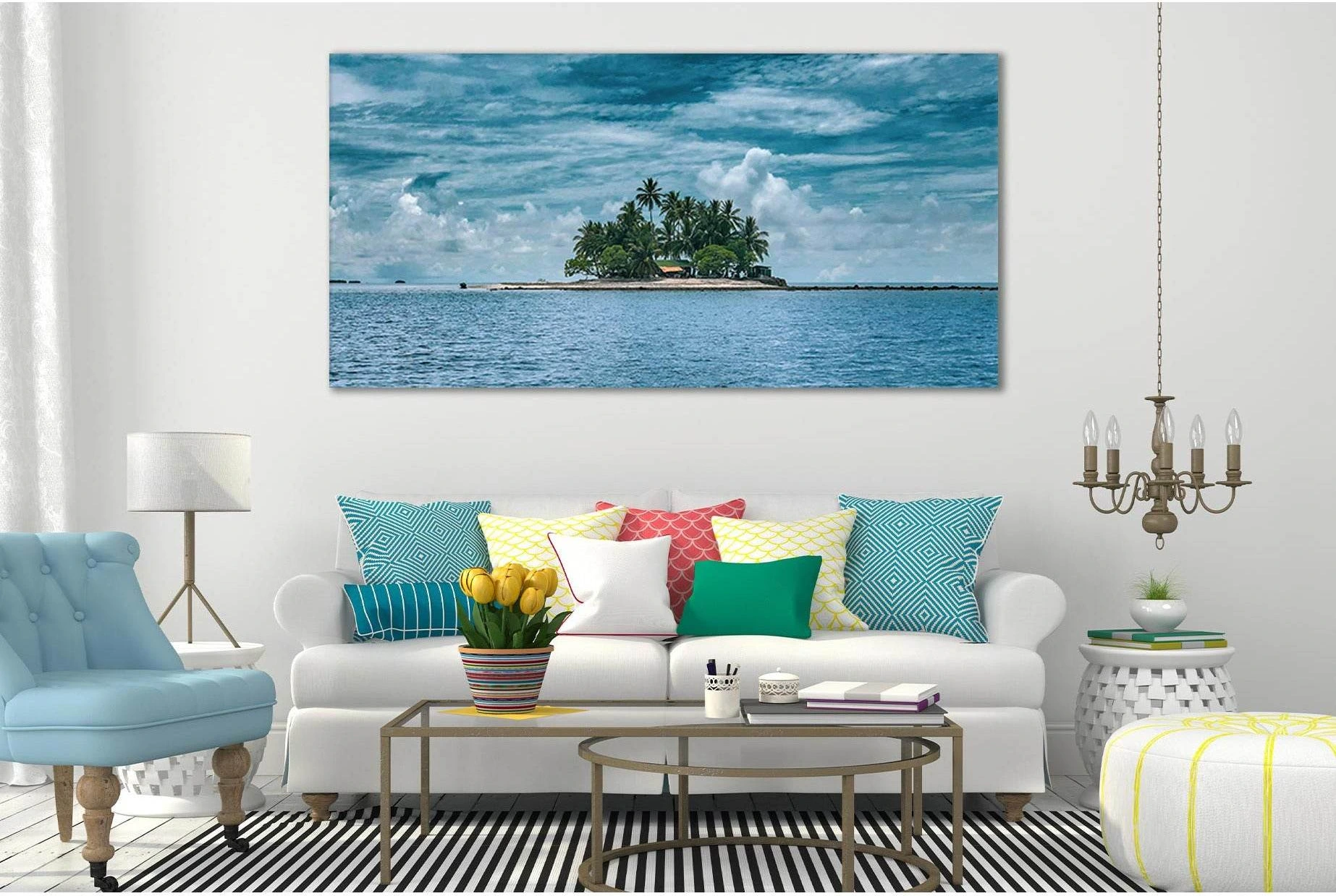 Ocean Blue Tropical Island Seascape Canvas Wall Art showing sea water, shoreline and horizon depth.
