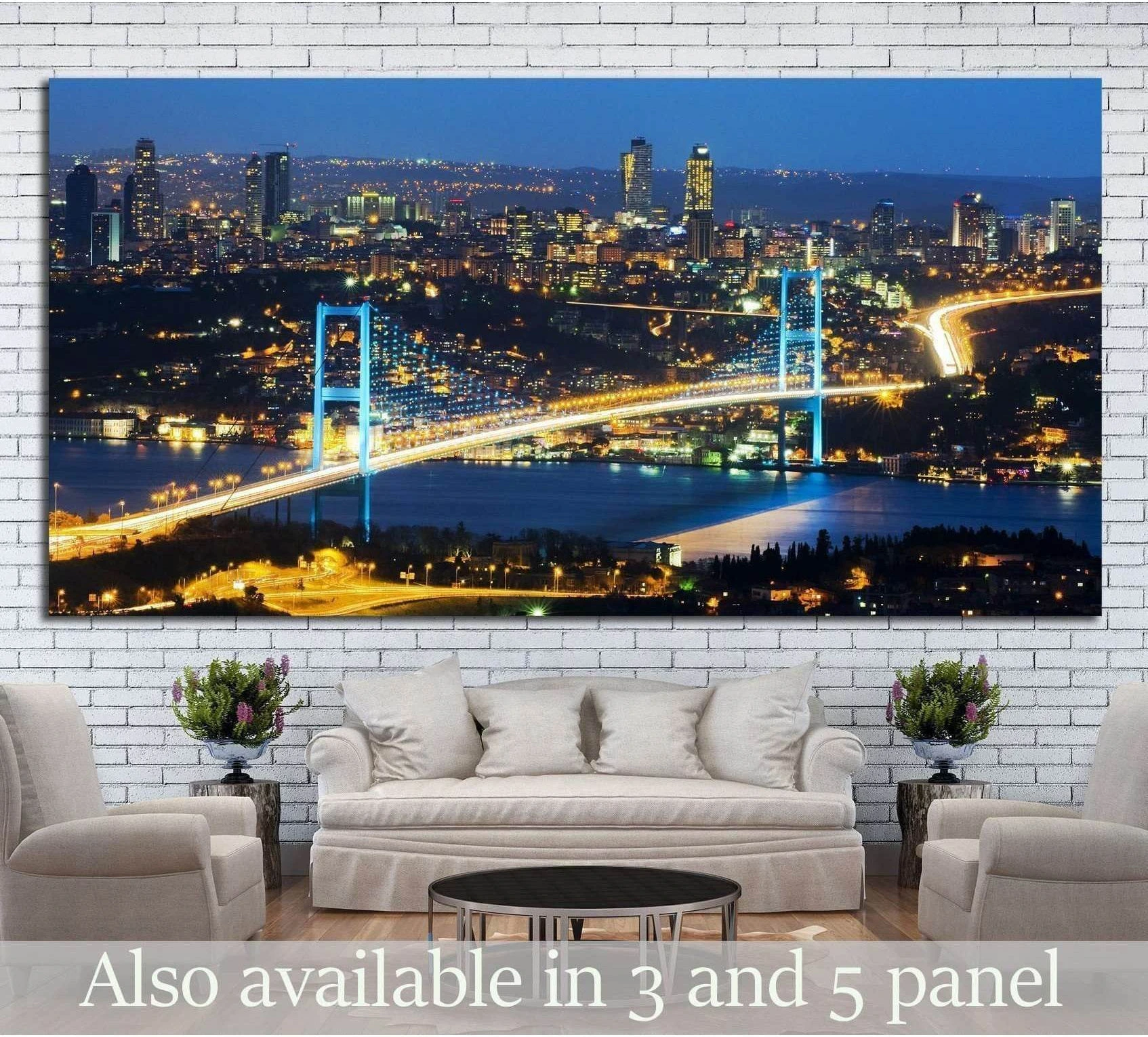 Istanbul Bosphorus Bridge night canvas print above sofa in a modern living room