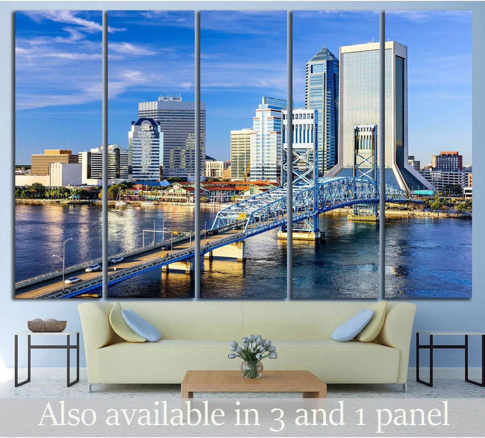 Jacksonville skyline canvas print with Main Street Bridge over the St. Johns River above a sofa